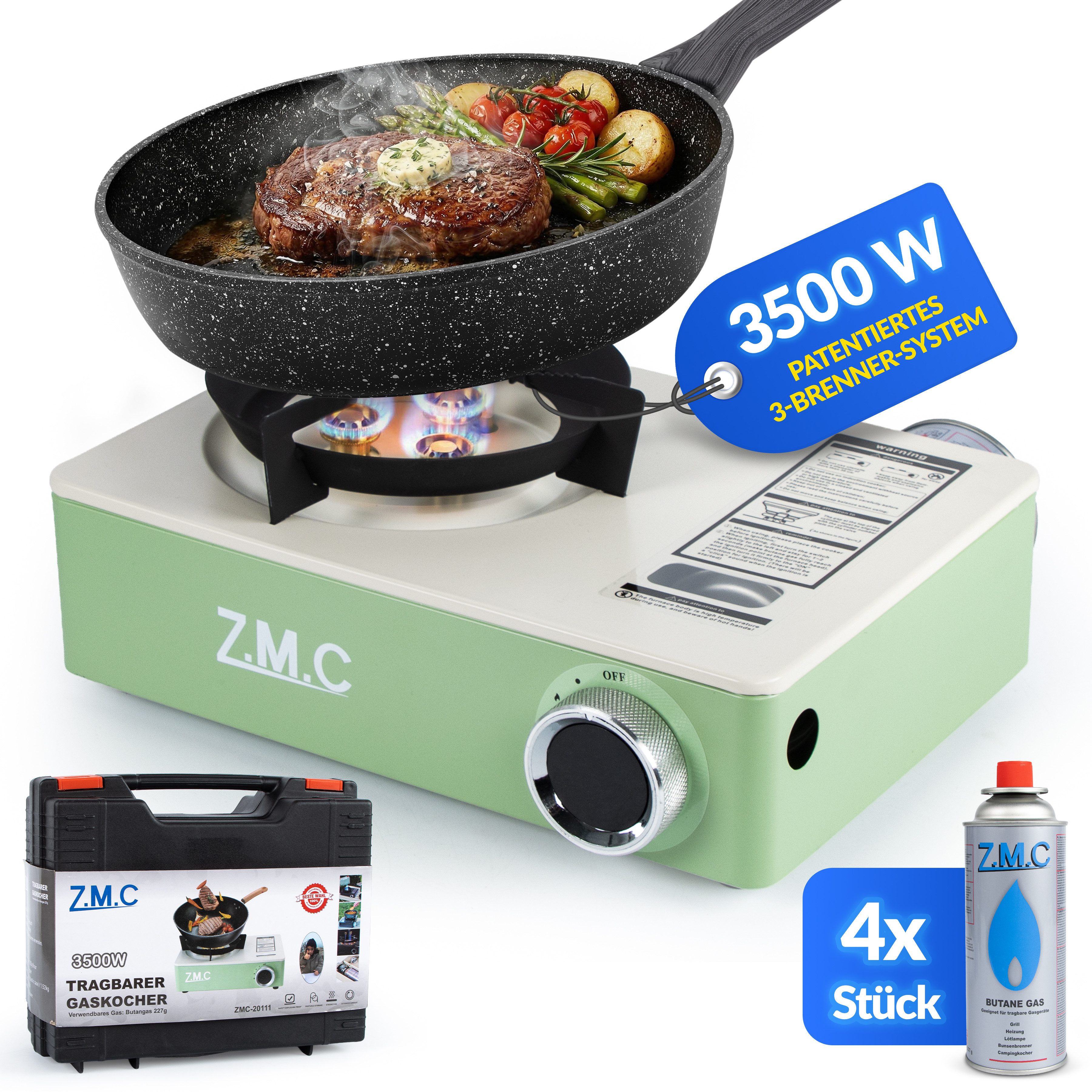 ZMC Gaskocher Gaskocher 1 flammig 3500W mit 3-Brenner-System Inkl. 4x Gaskartuschen, (Campingkocher mit Transportkoffer & Piezo-Zündung, 4-St., kompakt & leicht 1,4 kg, Maße von 29 x 20 x 9 cm), Für Outdoor und indoor, Kocher für Camping & Garten