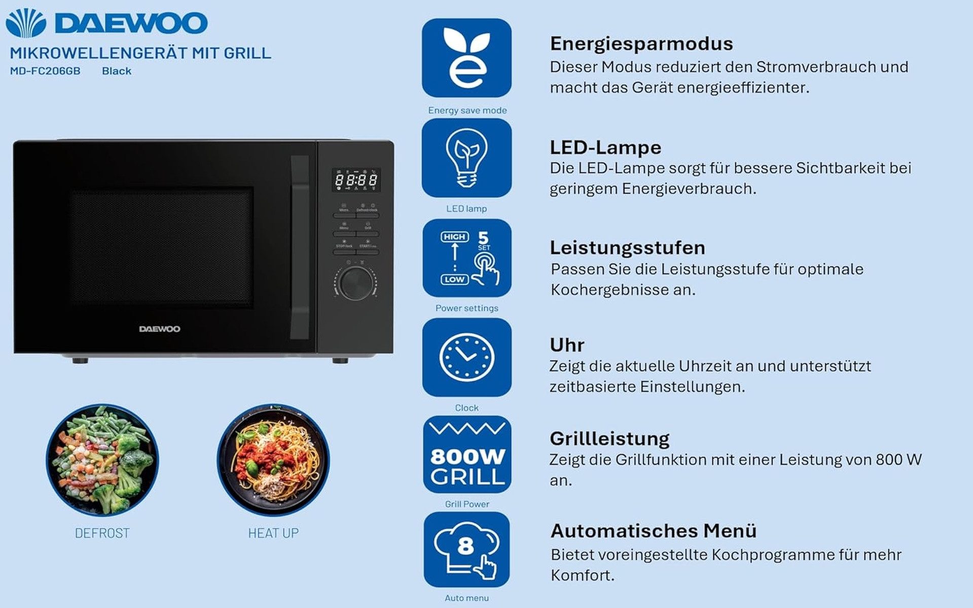 Daewoo Mikrowelle MD-FC206GB, elektrisch, 20.00 l, Grill-Funktion, 5 Leistungsstufen