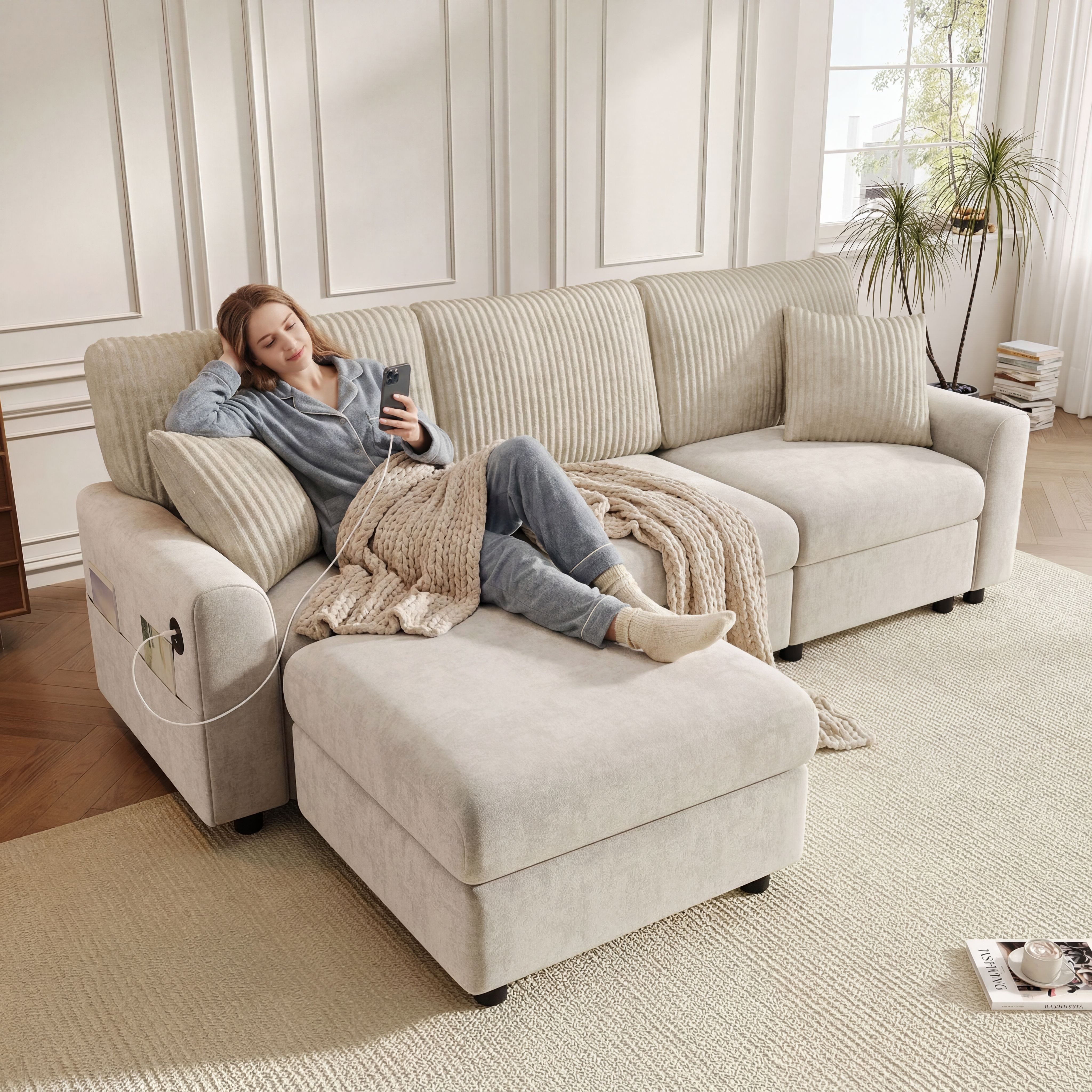 i@home 3-Sitzer Sofa mit Hocker, Ecksofa, 2 Kissen, 1 USB- und Type-C-Anschluss, Beige, B223 × H84 × T146 cm