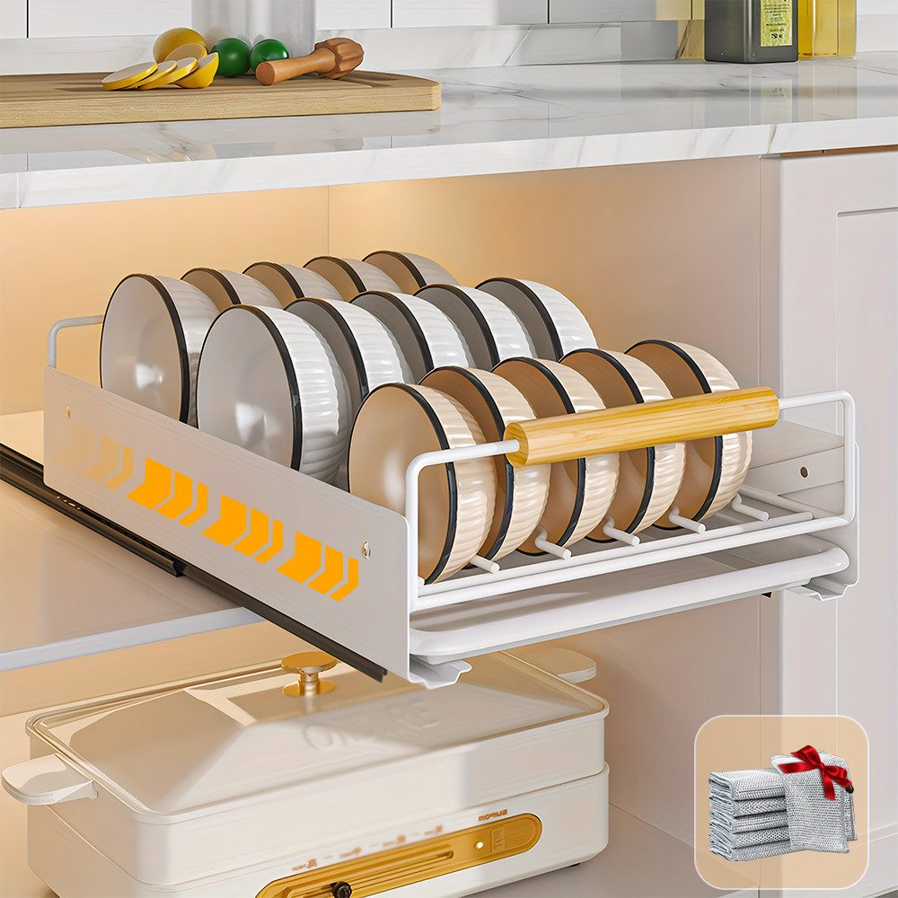MOPUEA Küchenorganizer-Set Usziehbarer Edelstahl Rack Drainer Geschirr für Küchentheke, (Ausziehbare Regale für die Küche Vorratskammer Regale Badezimmer Home, 1-tlg., Ausziehbare Schrankorganisatoren mit selbstklebendenSchubladenauszügen), Edelstahl Abtropfgestell Geschirr mit 10 Streifen Drahtgewebe