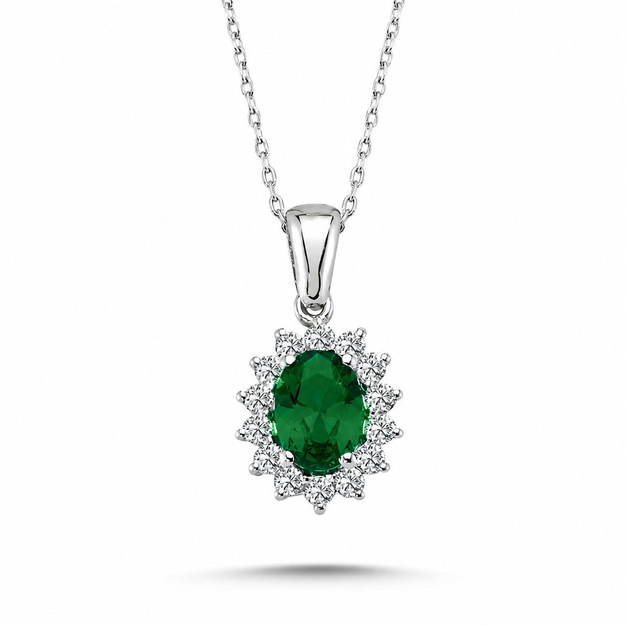 EinStein Diamant Goldkette Ovales Smaragd Diamant Collier „Verde Royale“ 585 Weißgold, Ovaler Smaragd Entourage Halskette Diamanten 14 Karat Weißgold