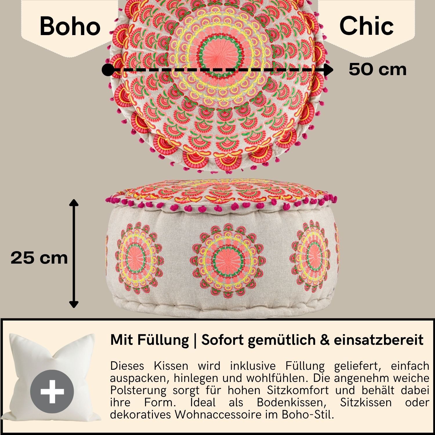 Marrakesch Orient & Mediterran Interior Pouf Pouf Garet Orange, runder Baumwoll-Sitzpouf bestickt 50x25 cm (1-St), Handarbeit