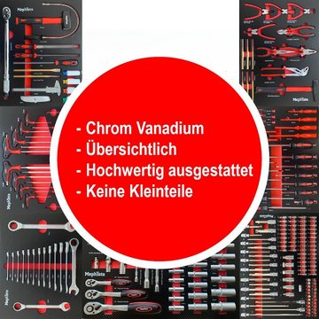 Mephisto-Tools Werkstattwagen, (fertig montiert und bestückt), 8 abschließbare Schubladen, je Schublade belastbar bis je 35 kg, 2 Schlüssel inkl., kugelgelagerte Rollen mit Gummierter Beschichtung, Werkzeug ist aus hochwertigem Chrom Vanadium Stahl, 1 seitliches Fach mit Ablage und separat abschließbarer Tür