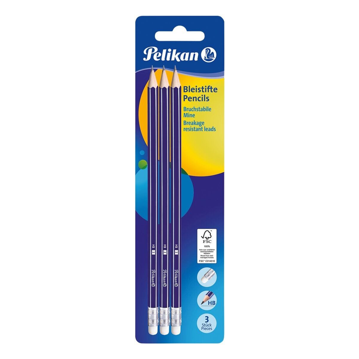 Pelikan Bleistift, (3-tlg), HB, mit Radiergummi