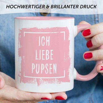 GRAVURZEILE Tasse mit Spruch - Ich liebe Pupsen - Langlebiger Druck - Lustiges Geschenk, aus Keramik - Spülmaschinenfest, Farbe: Rosa