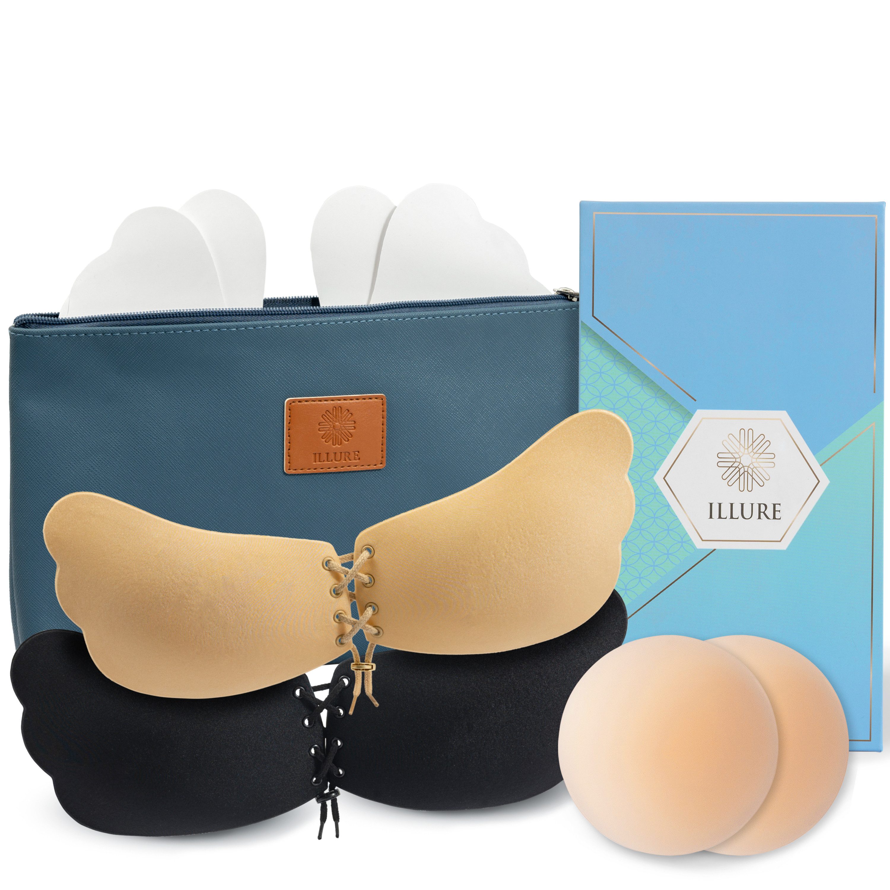 BH-Einlagen ILLURE BH-Set: Nippelpads & Klebe-BHs [2er Pack] + Makeup-Tasche