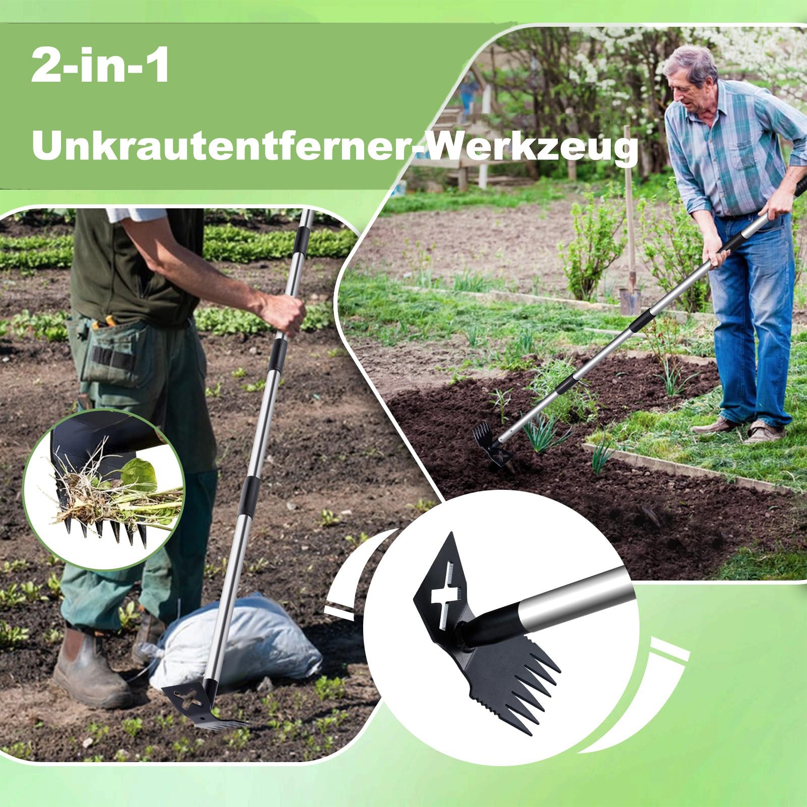 Agger Gartenhacke 2-in-1 Unkrautstecher mit langem Stiel – Rechen & Hacke, 1 St., ergonomisches Gartenwerkzeug für müheloses Jäten & Bodenlockerung