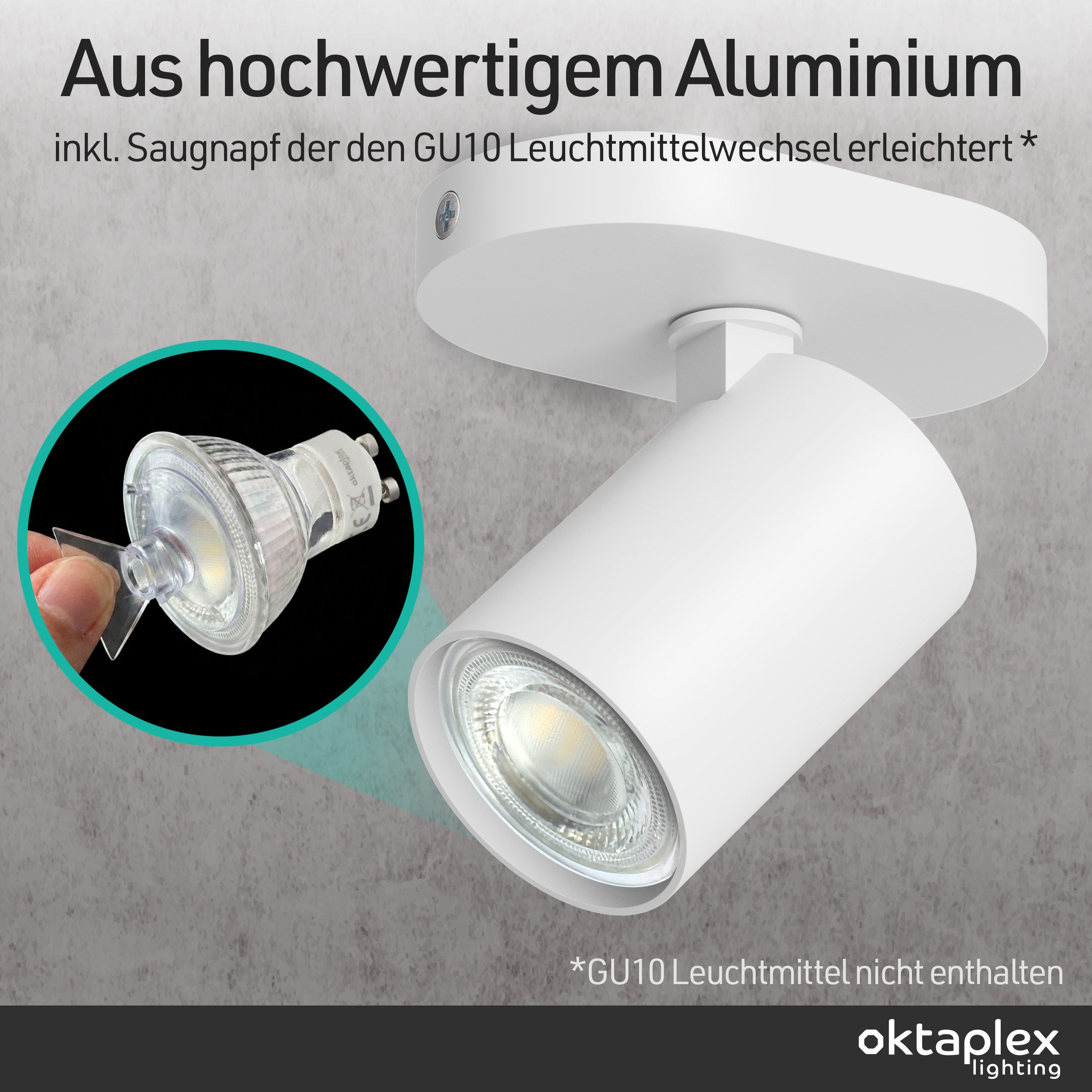 Oktaplex lighting LED Deckenstrahler GU10 schwenkbar Aluminium Spot 11 cm drehbar flach, Leuchtkopf dreh- und schwenkbar, ohne Leuchtmittel, schwenkbare Deckenlampe 230V weiß