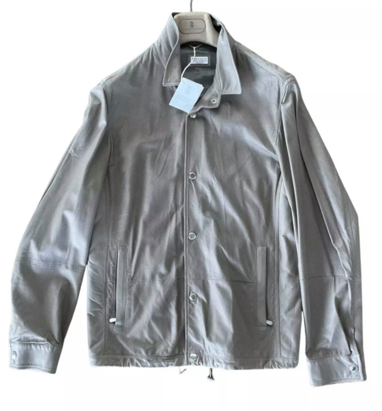 BRUNELLO CUCINELLI Lederjacke Perforierte Safari-Stil Blouson Jacke Zwei-Wege-Reißverschluss, Elastischer Kordelzug, Cupro-Fütterung