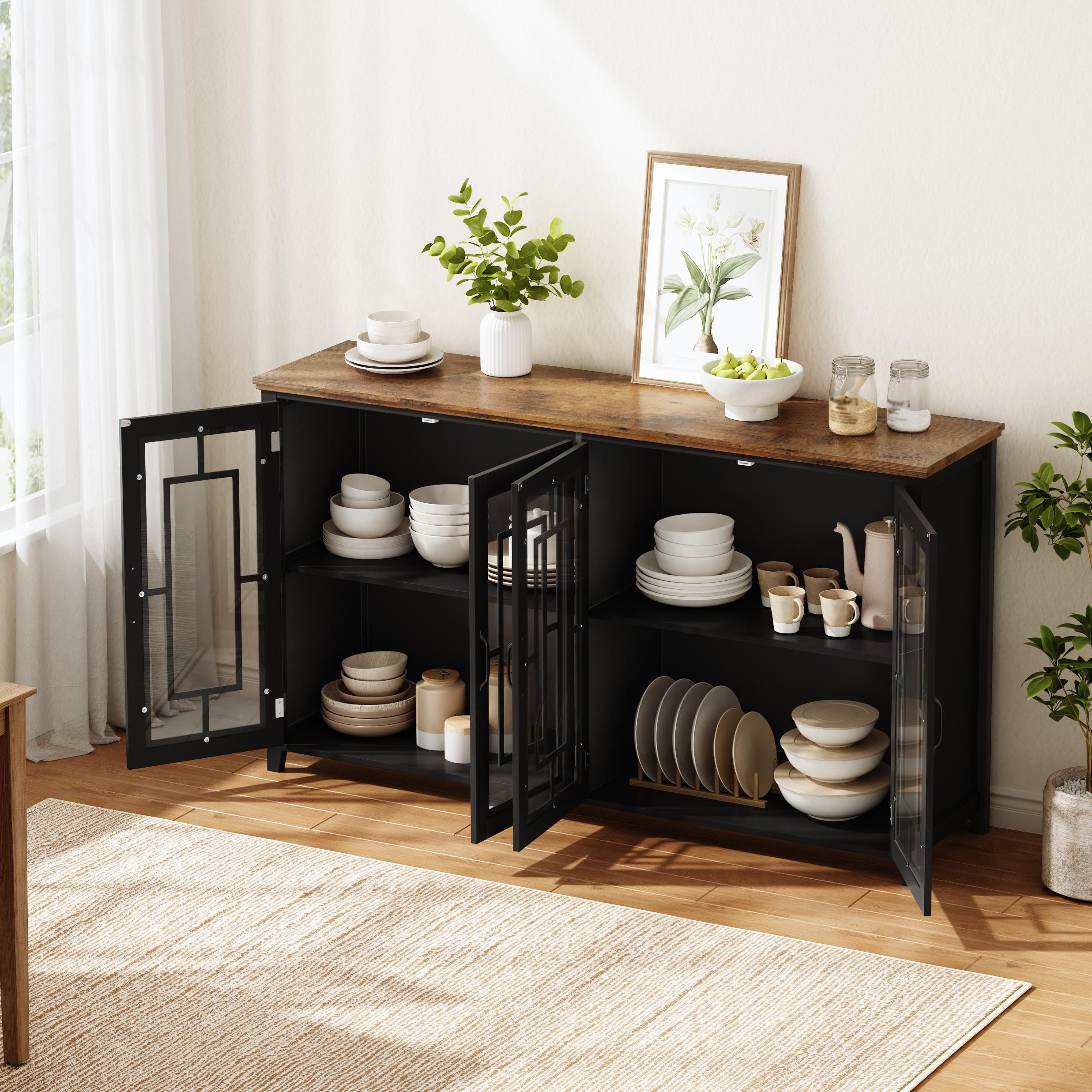 Flieks Sideboard Kommode mit 4 Glastüren und Arbeitsplatte in Holzoptik (160x40x86 cm, 1 St., Schrank für Esszimmer, Wohnzimmer und Schlafzimmer), Mehrzweckschrank Küchenschrank Multifunktionsschrank Schwarz