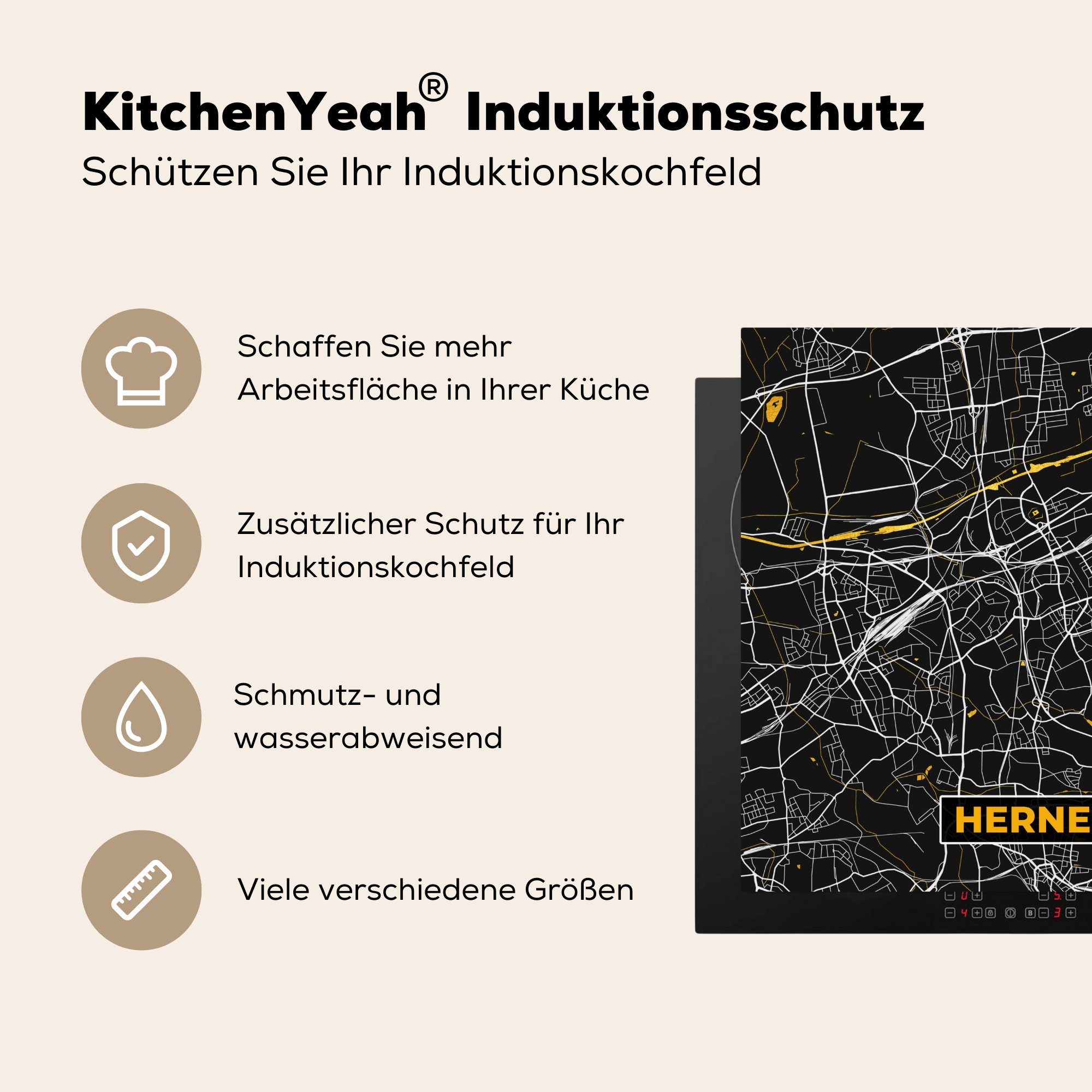 MuchoWow Herdblende-/Abdeckplatte 78x78 Herne - - Deutschland für (1 cm, Gold, Vinyl, - Karte - küche tlg), Arbeitsplatte Ceranfeldabdeckung, Stadtplan