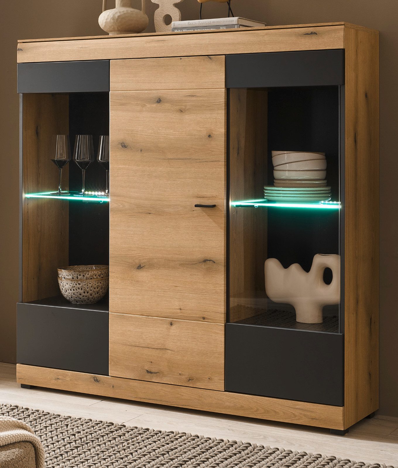 Furn.Design Highboard Assina (Wohn- und Esszimmer Schrank in Eiche mit Grau), mit viel Stauraum und Soft-Close-Funktion