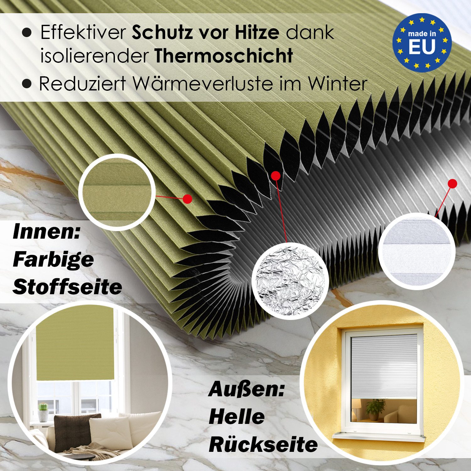 DomDeco Wabenplissee Thermo Plissee ohne Bohren - Hitzeschutz, Verdunkelung, verspannt, abdunkelnd, Klemmfix, stufenlos, kälteschutz, modernes Fensterplissee