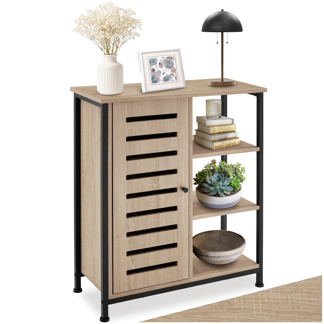 tectake Highboard Hochkommode, mit höhenverstellbaren Kunststofffüßen, 70 x 32 x 82 cm (Stauraumschrank, in Industrial Holz hell, Eiche Sonoma), Industrial Style, Holz und Stahl, Ablage und 3 offene Fächer