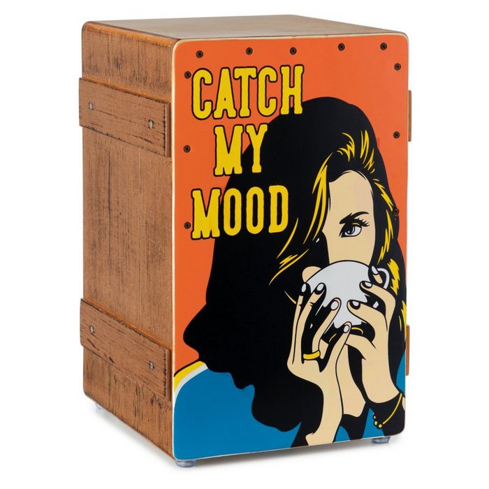 XDrum Cajon Designer-Cajon mit Pop Art-Aufdruck "Catch my Mood" Bass Port & Snare Teppich mit 20 Spiralen