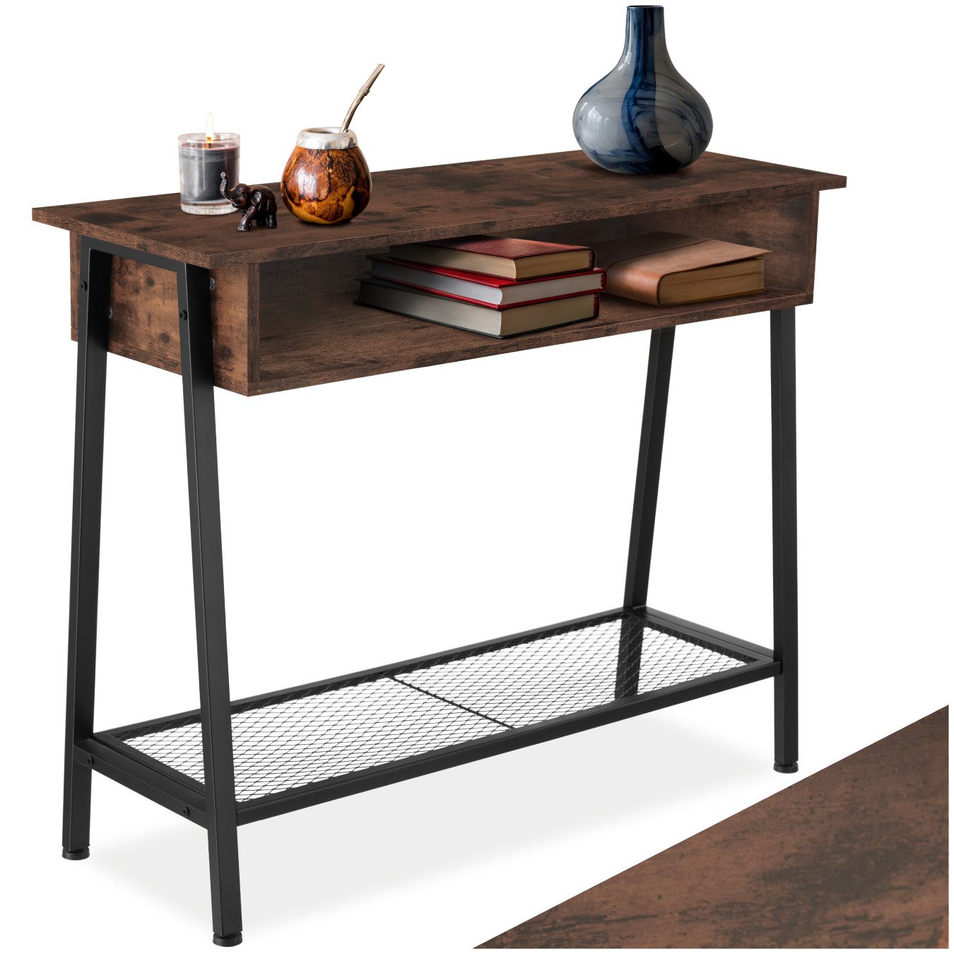 tectake Konsolentisch Flurtisch, 100 x 35 x 80,5 cm, Industrial Style, Holz und Stahl (Wandkonsole Tralee, 1-St., in Industrial Holz dunkel, rustikal), Ablage, Staufach und Gitterablage, höhenverstellbare Kunststofffüße