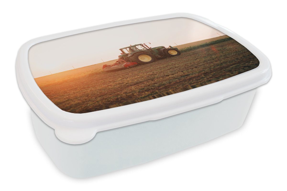 MuchoWow Lunchbox Traktor - Feld - Bauernhof - Landwirt - Horizont, Kunststoff, (2-tlg), Brotbox für Kinder und Erwachsene, Brotdose, für Jungs und Mädchen weiß