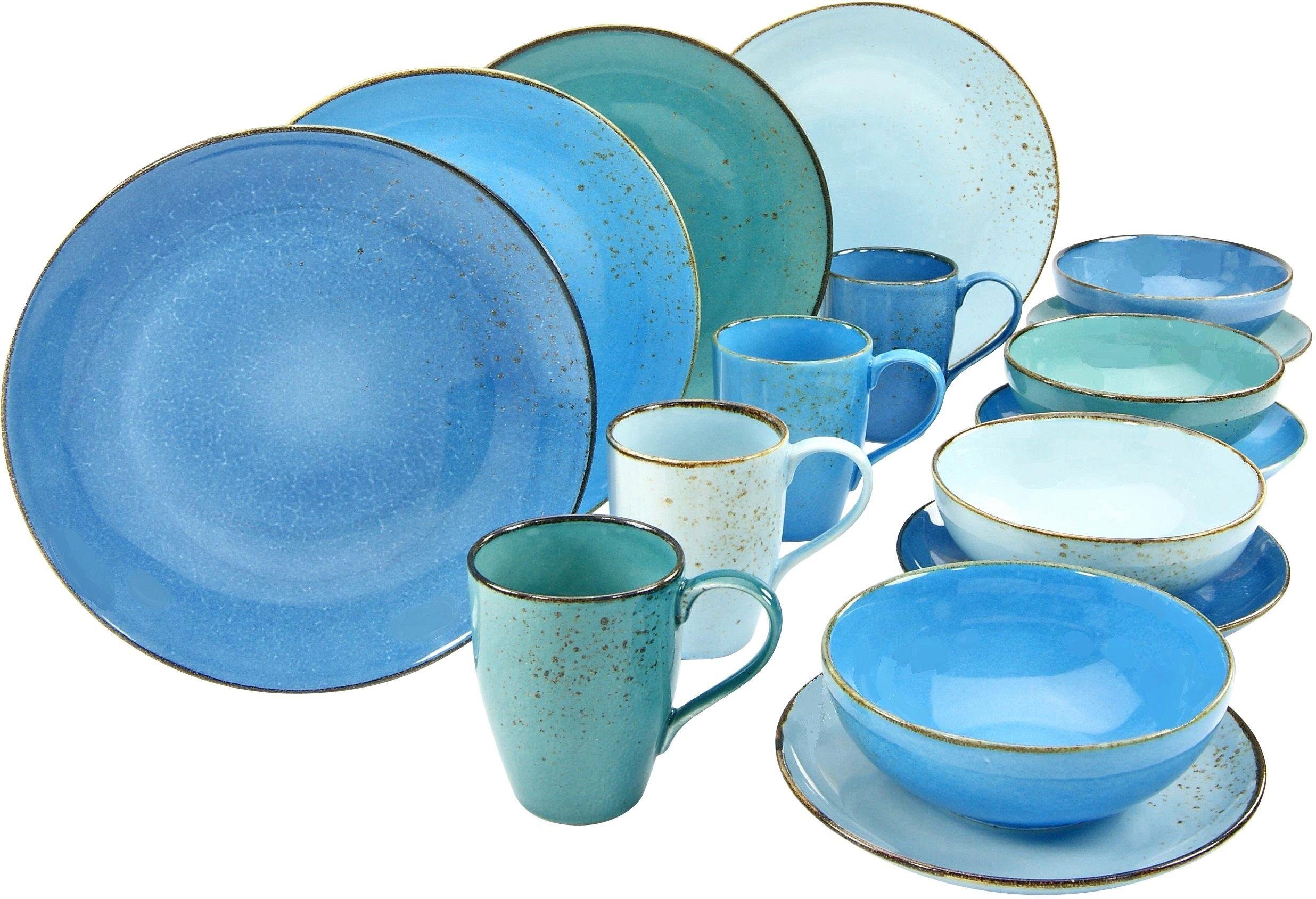 Geschirr-Set Aqua Trendaktuelle Steinzeug, 4 Service, Kombiservice 4 für Personen COLLECTION (16-tlg), CreaTable 16 Blau-Töne, Personen, NATURE Teile,