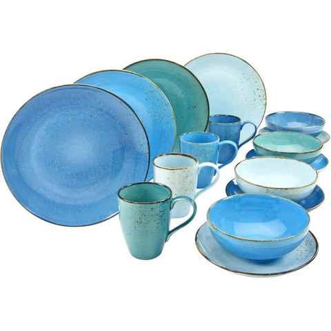 CreaTable Kombiservice Geschirr-Set NATURE COLLECTION Aqua (16-tlg), 4 Personen, Steinzeug, Service, Trendaktuelle Blau-Töne, 16 Teile, für 4 Personen