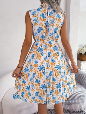 BlauWave Druckkleid Frauen Casual Rüschen Ärmelloses Blumendruck Plissee (1-tlg) Knielanges Kleid Für Den Sommer