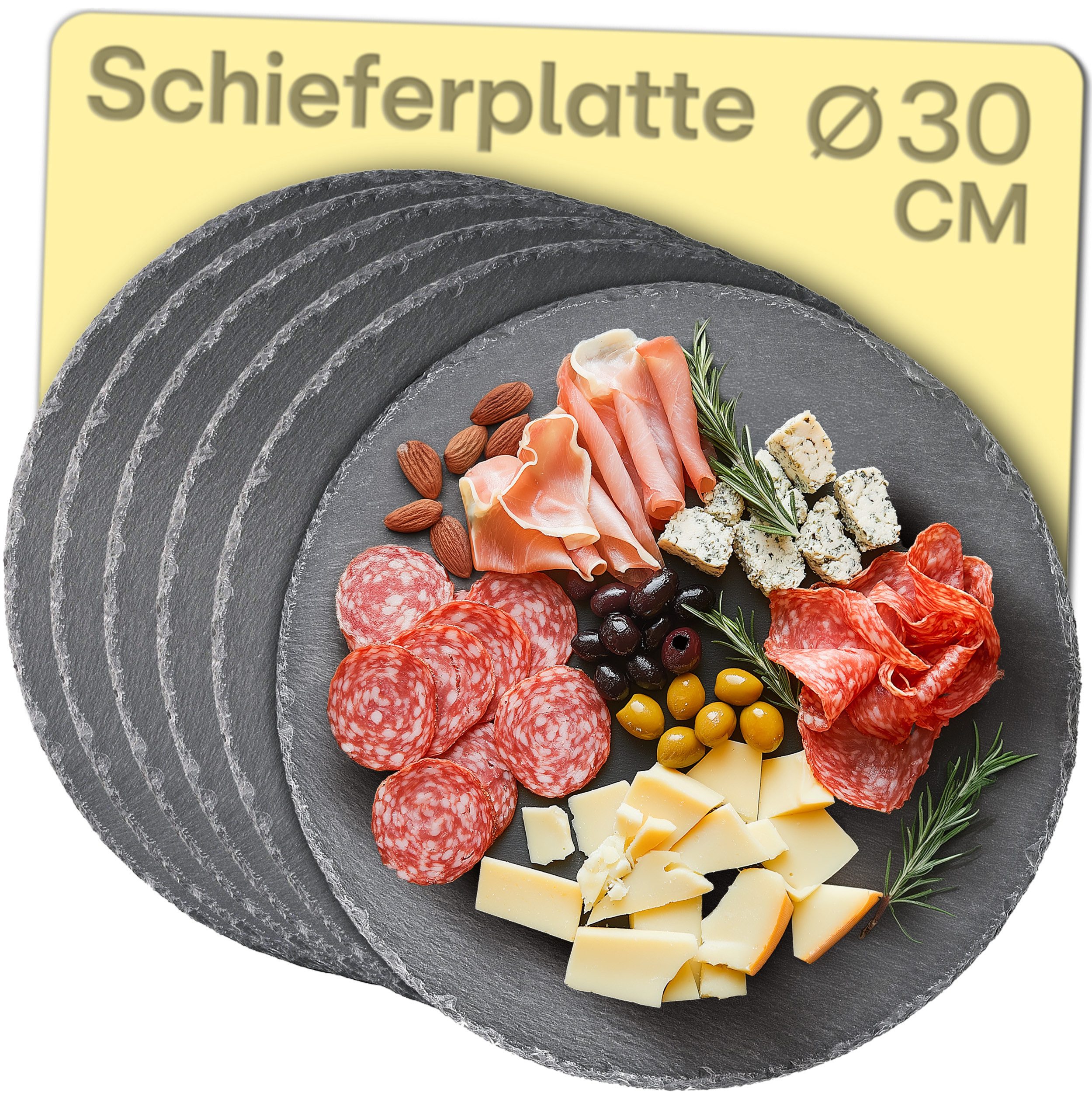 Praknu Servierplatte Schieferplatte Rund 30 cm - 6er Set - Zum Servieren und als Deko, Schiefer, (Set, 6-tlg), Rutschfest