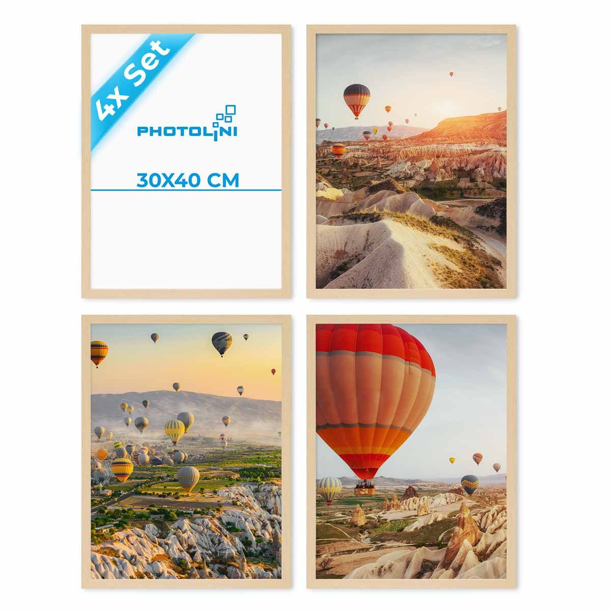 PHOTOLINI Bilderrahmen Sets 30x40 cm aus MDF Holz mit Acrylglas & Zubehör, für 4 Bilder (4er Set), 4er Set moderne Posterrahmen Natur