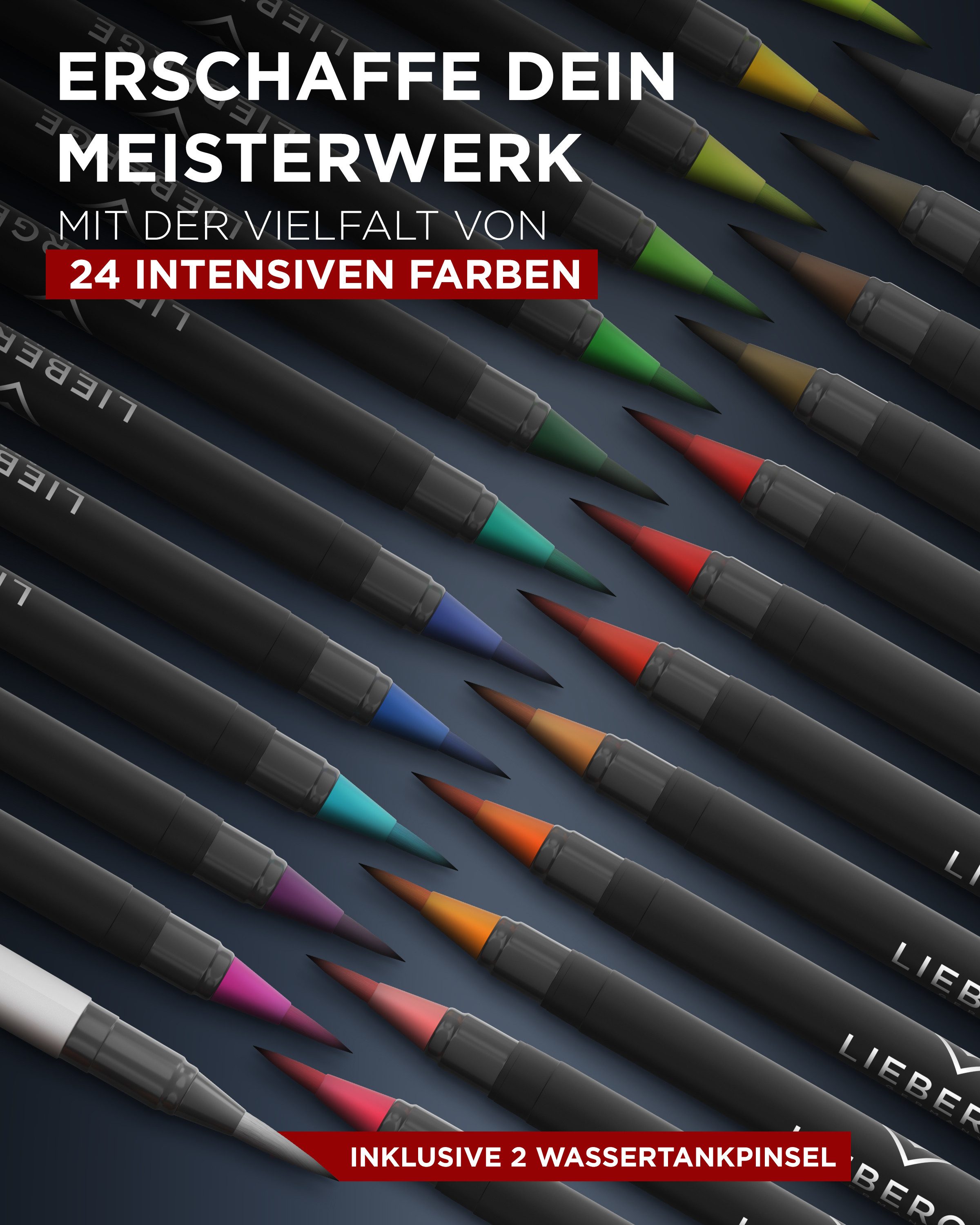 LIEBERGE Pinselstift Premium Set 24 Aquarellfarben + 2 Wassertankpinsel, (Set, 26-tlg., 24 Brush Pens, flexible Pinselspitze, intensive Farben), flexible Pinselspitze, 2 Wassertankpinsel, EN 71 geprüft, Wasserbasis