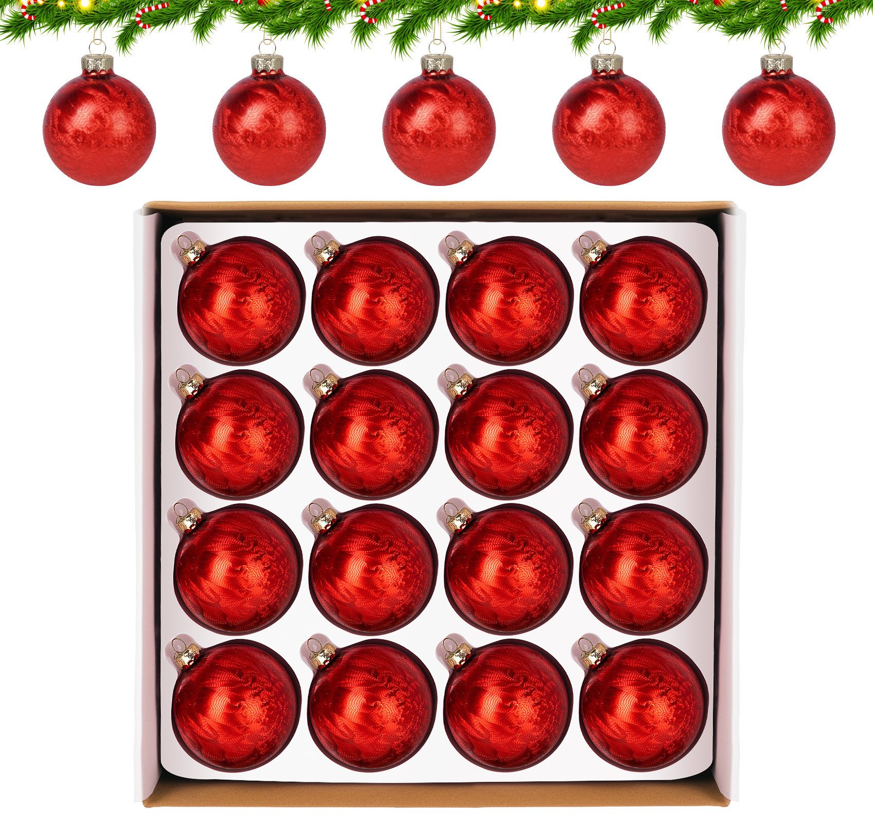 ElitVita Weihnachtsbaumkugel Ø 6cm, Feder Textur Muster, mit Umhängeband (16 St), für Christbaum Girlanden Deko
