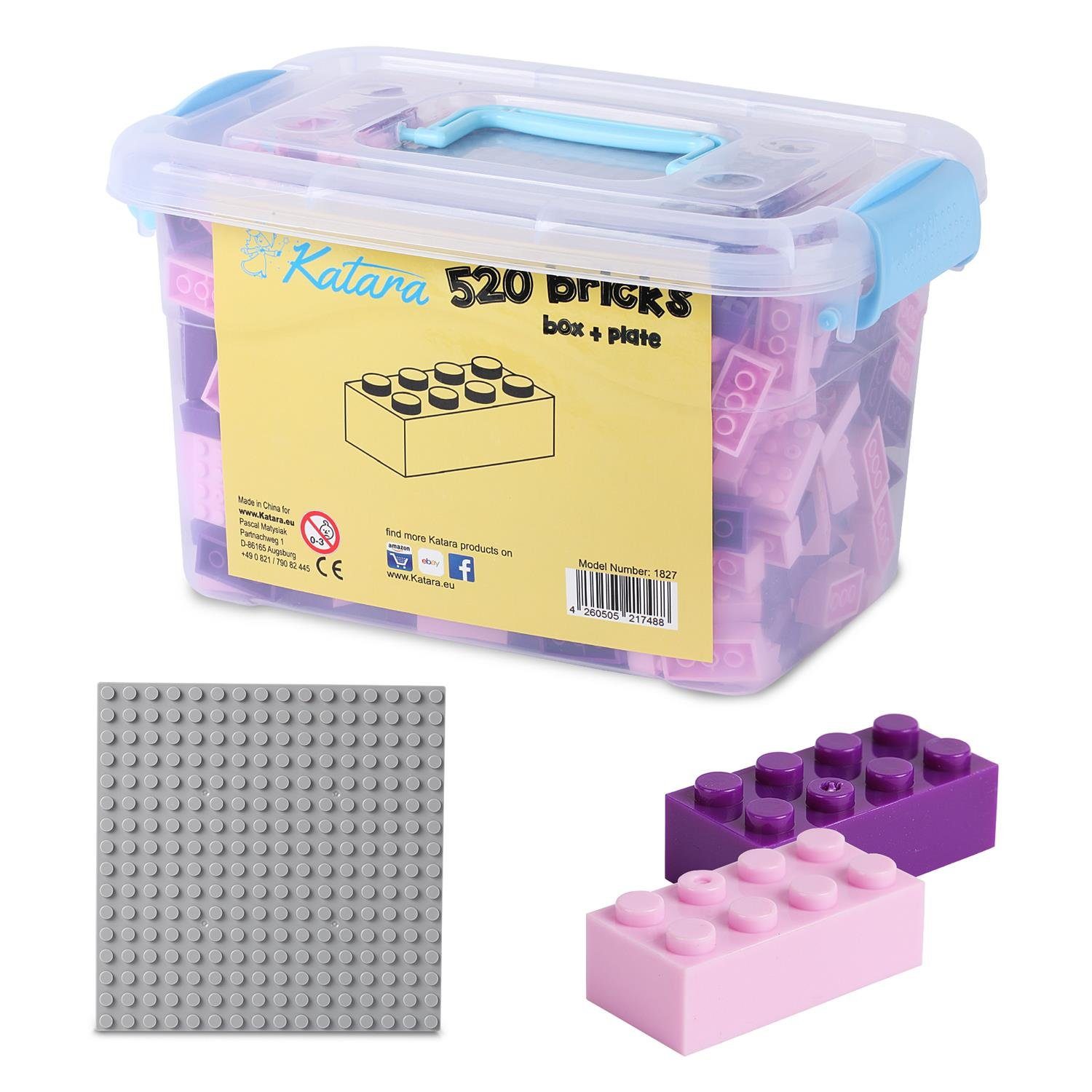 Katara Bausteine Box-Set mit 520 Steinen + Platte + Box Konstruktionsspielsteine, (3er Set), Pink-Lila gemischt, 100% Kompatibel Sluban, Papimax, Q-Bricks, LEGO®