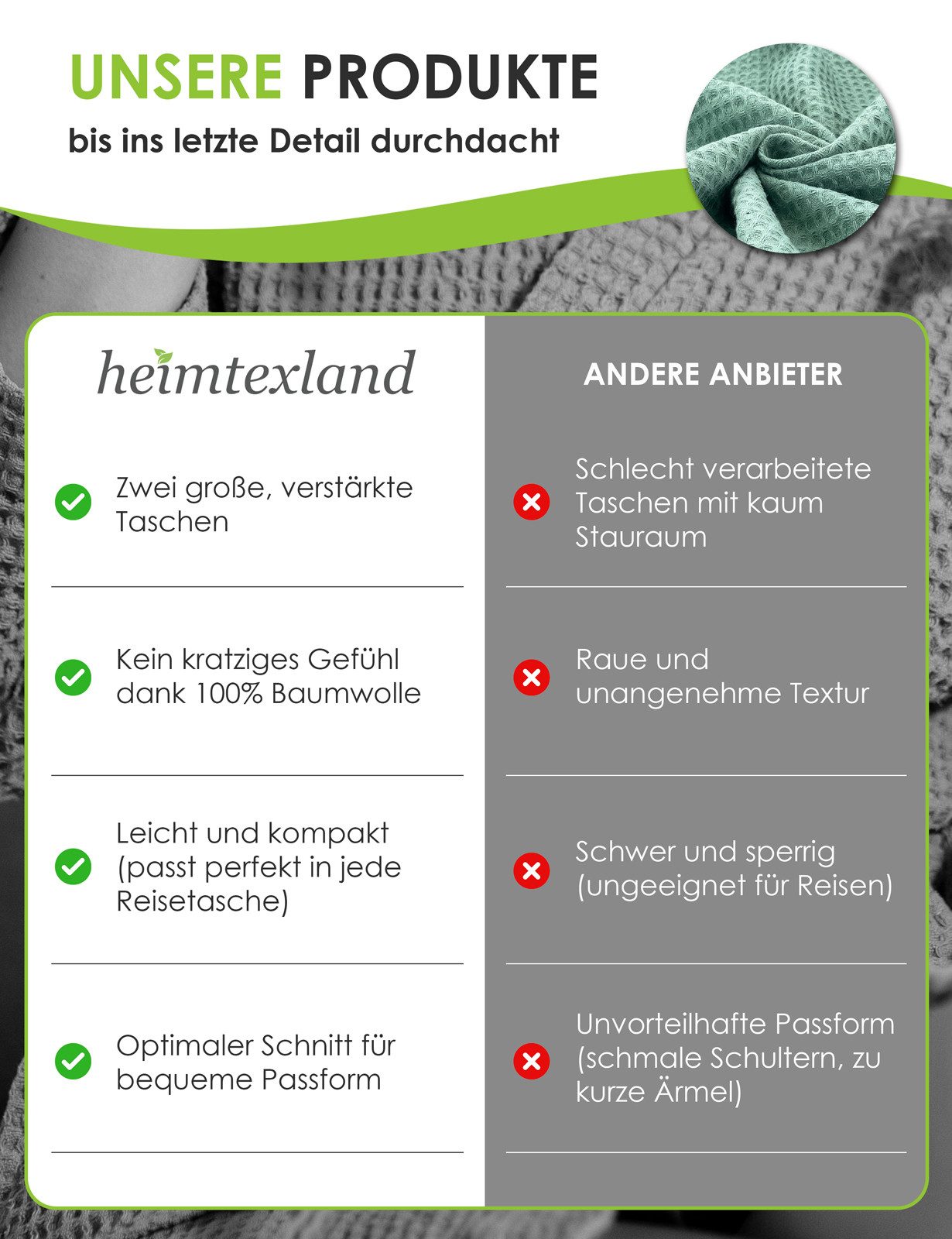 heimtexland Bademantel Reisebademantel Saunamantel Waffelpique Morgenmantel, Midilänge, Baumwolle, 2 Taschen I Bindegürtel, Gürtel, leicht I atmungsaktiv I kleines Packmaß I 100% Baumwolle