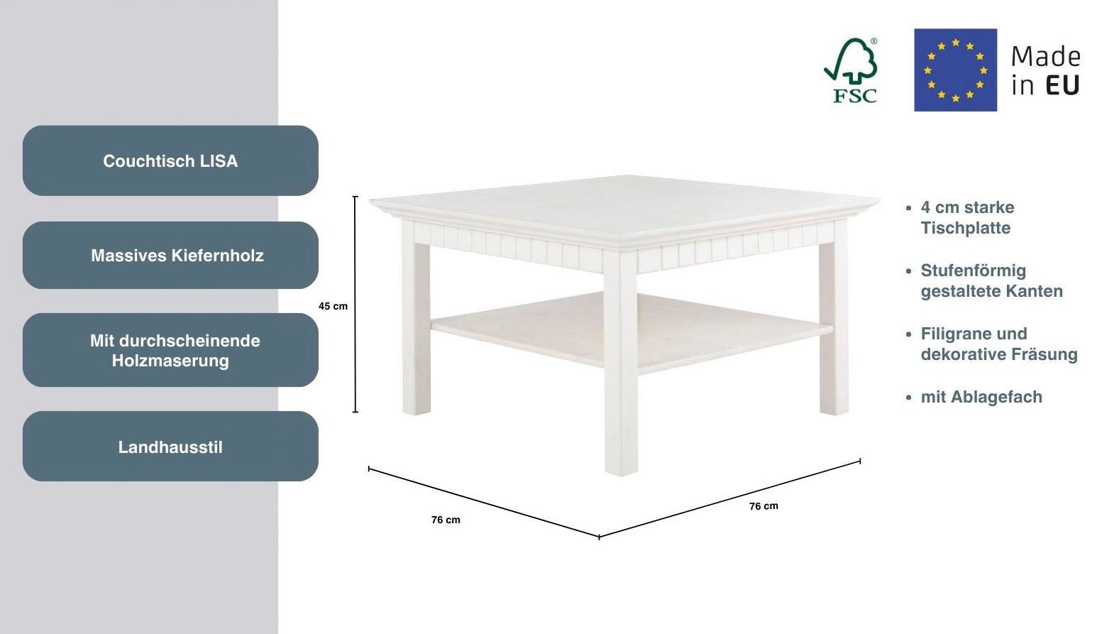 OTTO home Couchtisch Lisa, Kaffeetisch, massives Kiefernholz, B/T/H: 76x76x45 cm
