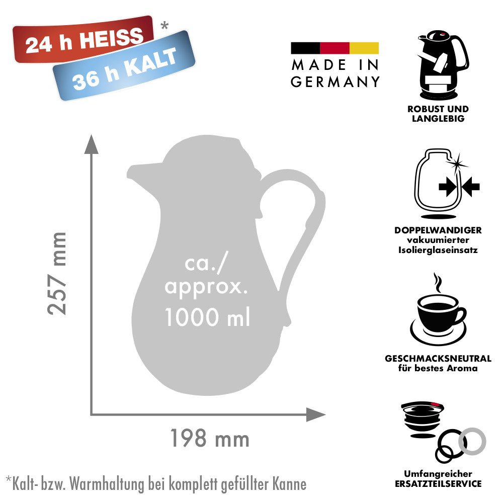ROTPUNKT Isolierkanne 1,0 Liter I Glaseinsatz I premium Thermokanne I 24 Std heiß, (Kaffeekanne I Teekanne, Thermoflasche), Langanhaltende Isolierung