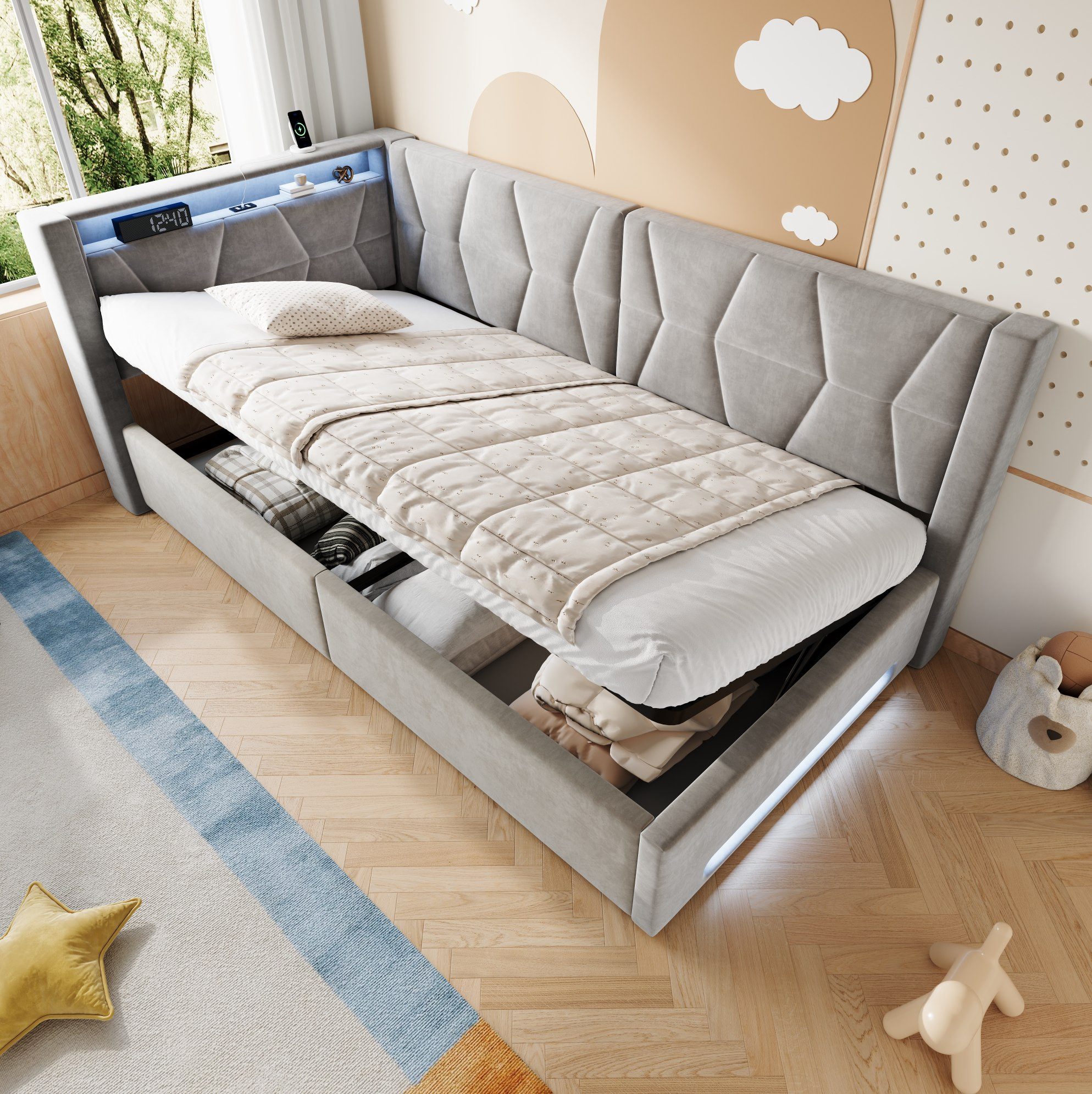 OKWISH Schlafsofa Polsterbett, mit Stauraum und Samtbezug, 90x200 cm Funktionsbett mit LED-Licht an Kopf- und Fußteil, USB-C Anschluss, hydraulischem Bettkasten und Lattenrost, ohne Matratze