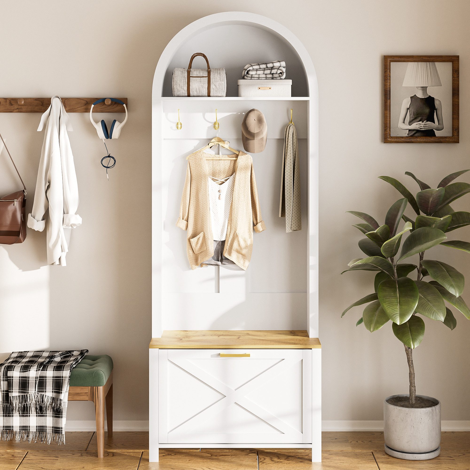 KLAM HOME Garderobenschrank Multifunktionaler Garderobenschrank mit Schuhregal (Platzsparende Flurgarderobe mit Ablagefläche und Haken) Moderner Hall Tree für ordentliche Eingangsbereiche