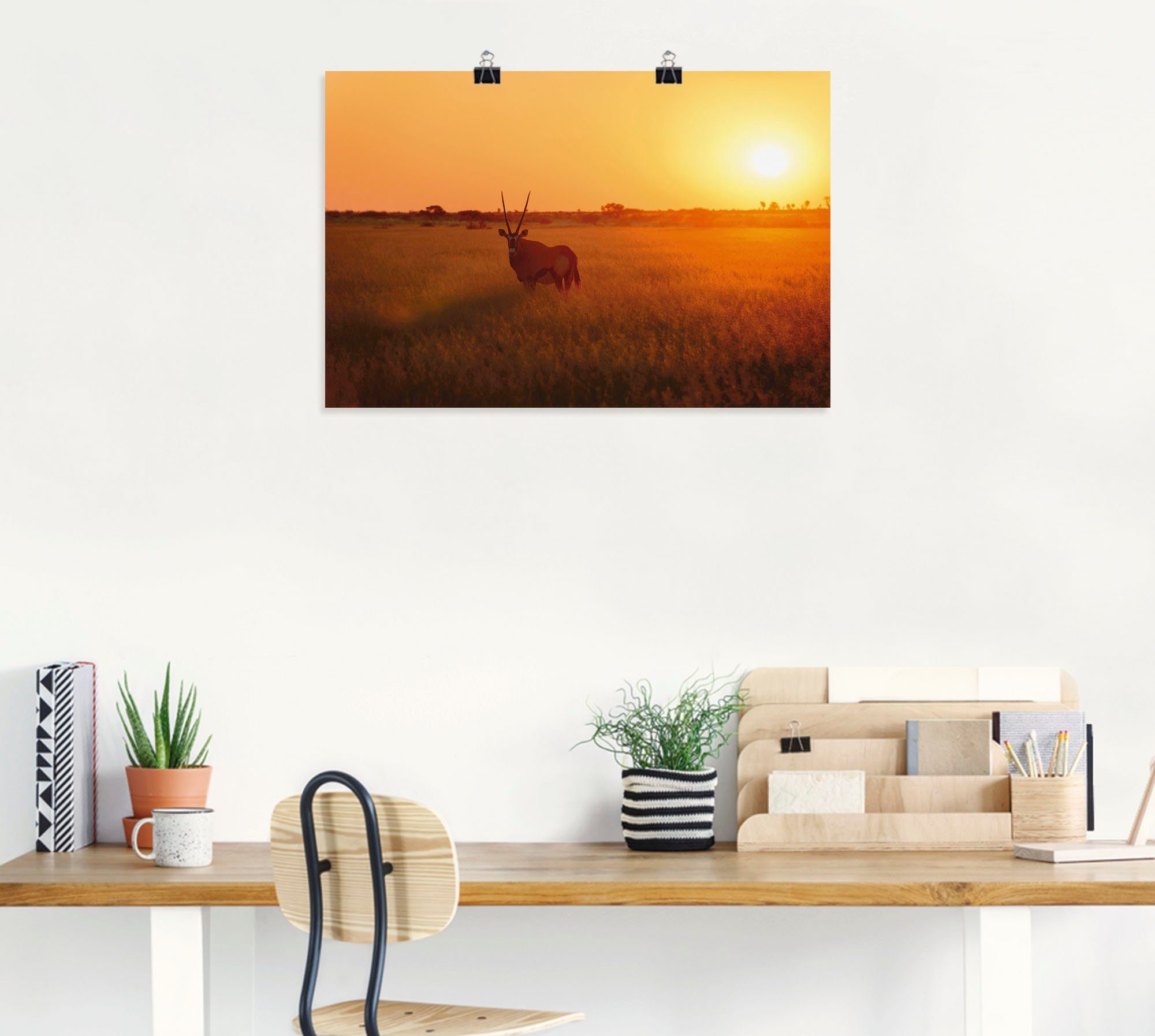 Wildtiere Sonnenaufgang, Wandaufkleber Leinwandbild, (1 versch. im in Artland als Poster Größen Wandbild St), Alubild, oder Oryxantilope