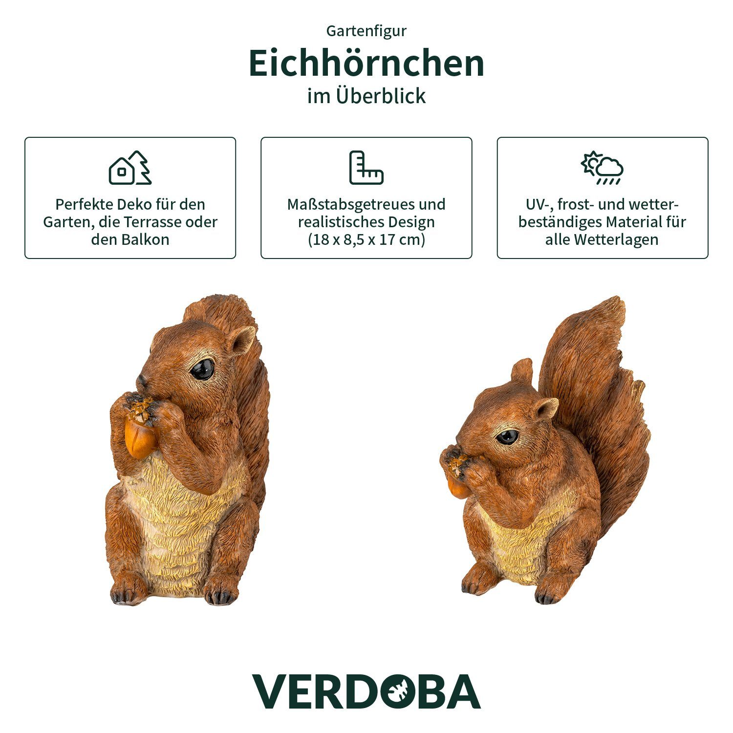 VERDOBA Gartenfigur Eichhörnchen Figur mit Gartenfigur - Deko Nuss wetterfeste Gartendeko