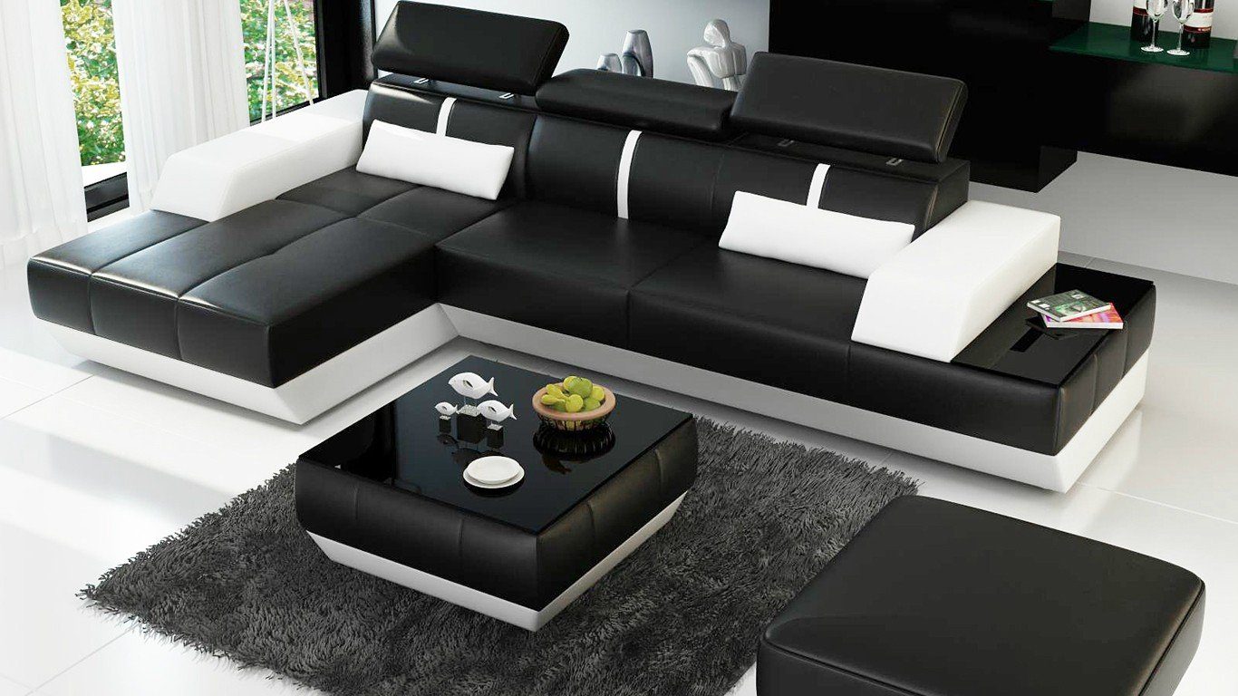 Moderne Sofa L Schwarz/Weiß Ecksofa Hocker Sitz Polster JVmoebel Ecke Form + Couch Multifunktion