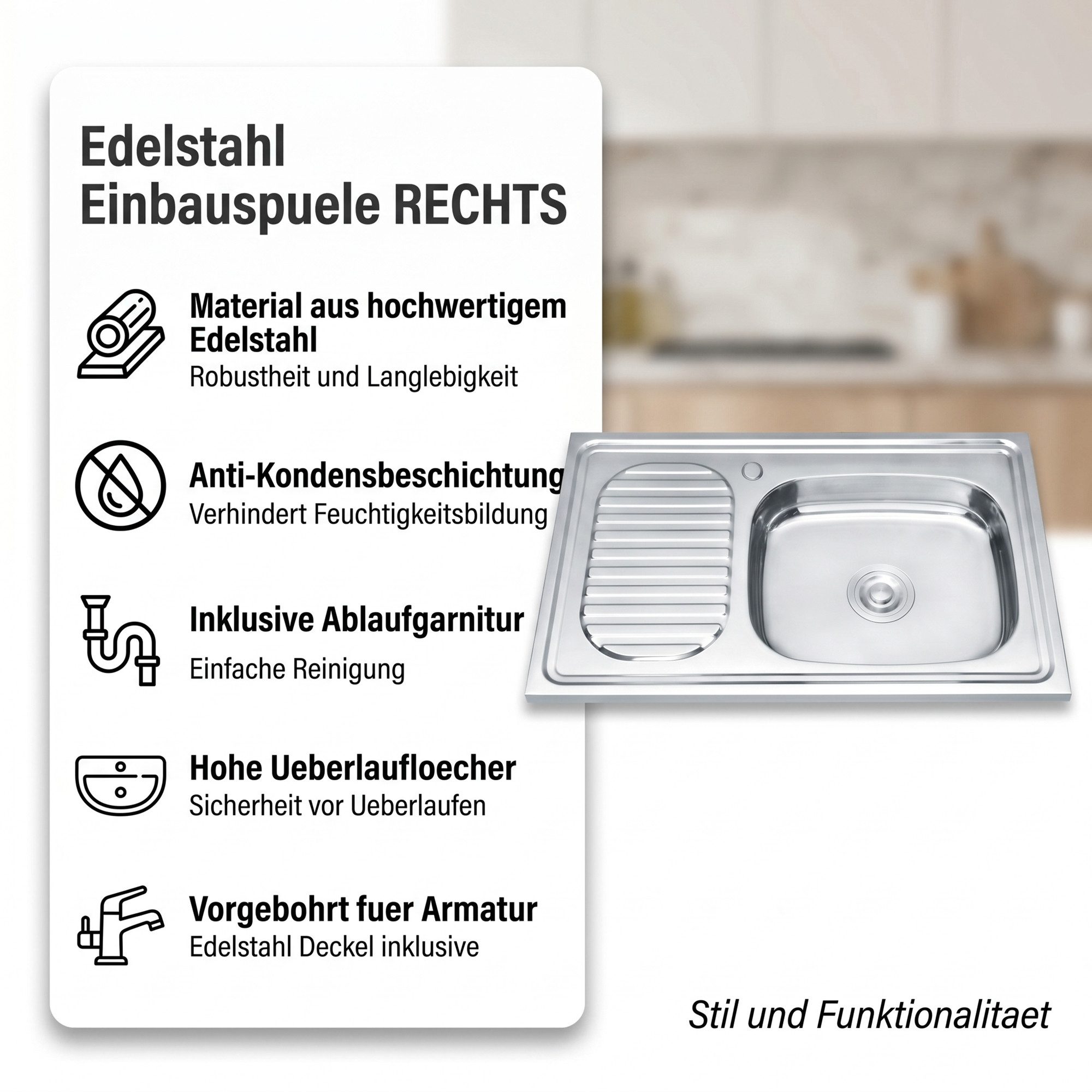 Mucola Küchenspüle Einbauspüle Edelstahl Spülbecken Edelstahlspüle Ablage links, rechteckig, 80/50 cm, Ablaufgarnitur + kompletter Siphon, (Stück, 1 St., Nein), – Bild 2 von 5