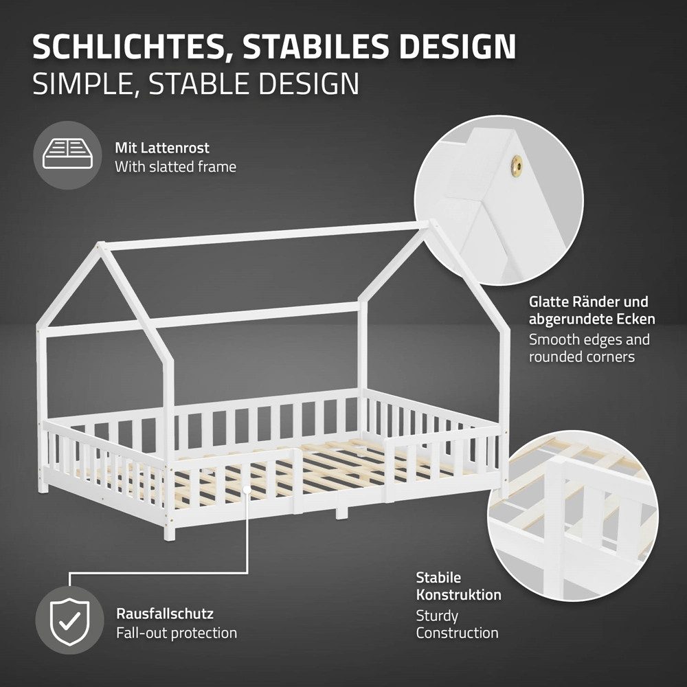 ML-DESIGN Spielbett Hausbett Kinderbett inkl. Lattenrost kreativ Bodenbett für Kinder, Abenteuerbett ohne Matratze 140x200cm Holzbett Weiß Kiefer Bettgestell