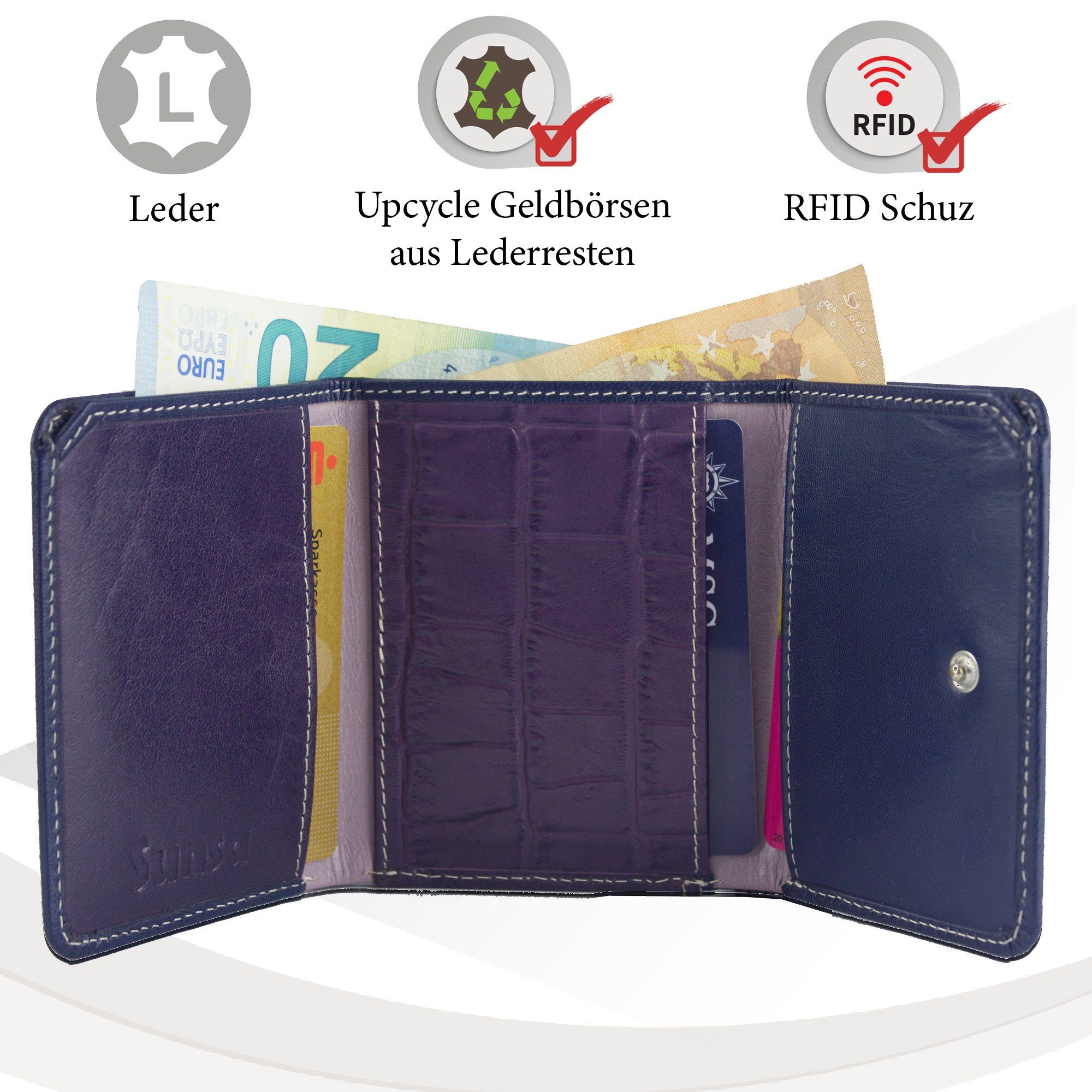 Sunsa Geldbörse echt Leder Geldbeutel Unisex klein recycelten RFID-Schutz, Leder, Lederresten, aus echt Portemonnaie Brieftasche lila Damen, mit