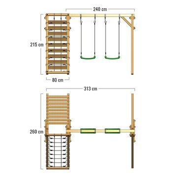 FATMOOSE Doppelschaukel JollyJungle - Schaukelgestell mit Kletterleiter und Kletternetz, (Schaukel - Set, 10 jährige Garantie), kesseldruckimprägniert, extrem witterungsbeständig