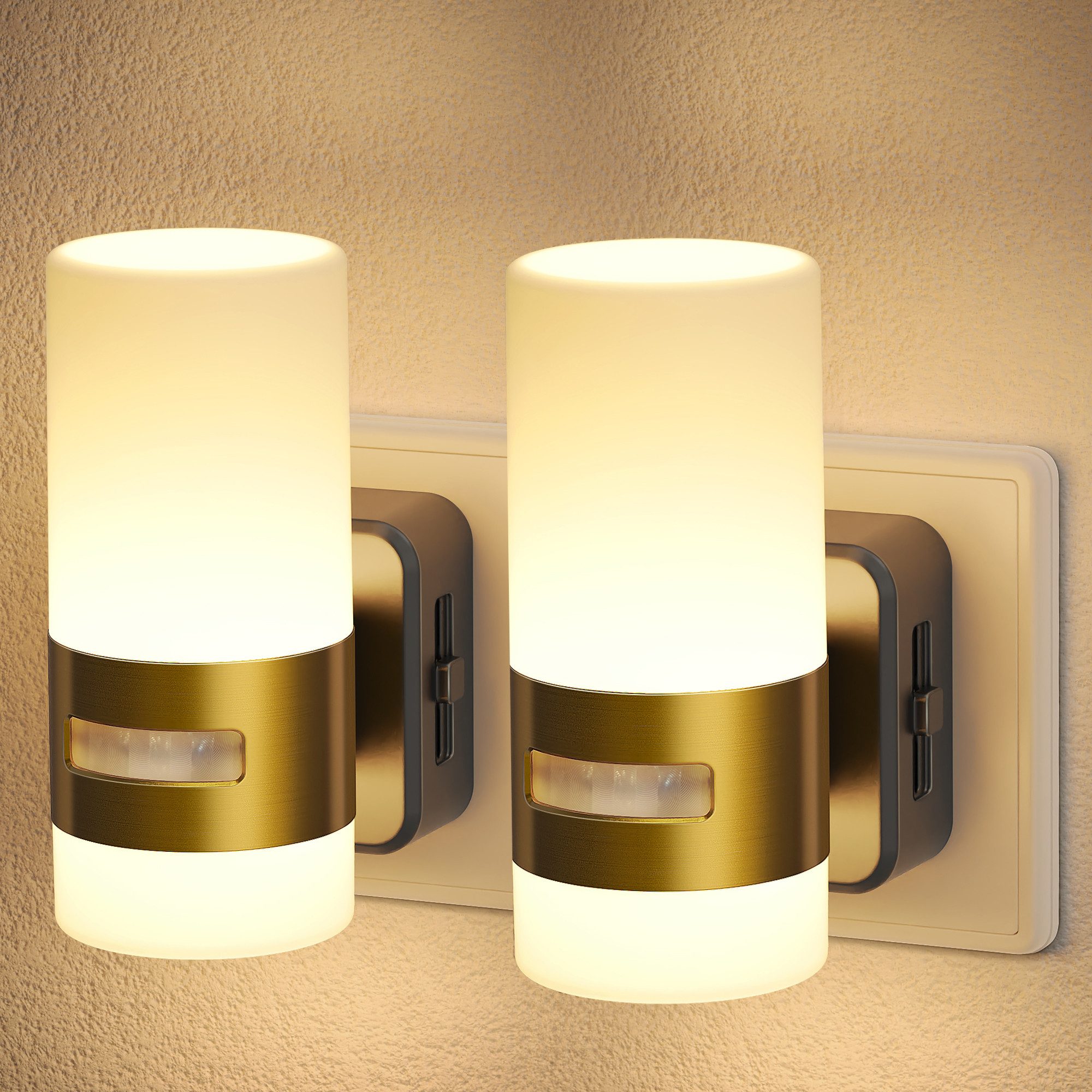 LOHAS-LED LED Nachtlicht Steckdosen Nachtlicht 2er-Set mit Bewegungsmelder, LED fest integriert, Warmweiß, Up & Down Licht, stufenlos dimmbar mit Kupfer-Dekorband
