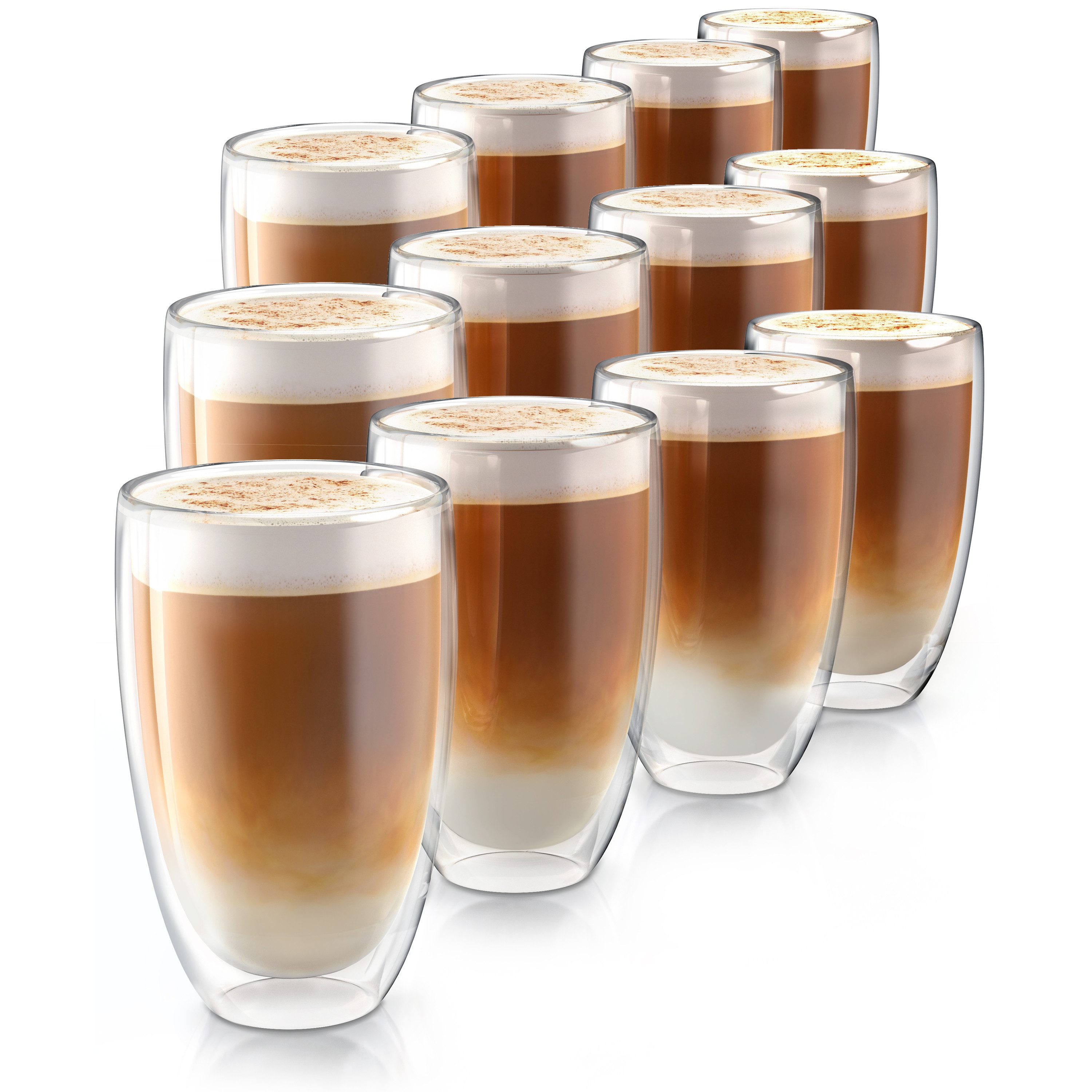 Arendo Gläser-Set doppelwandige Thermogläser, 450 ml Kaffeetasse, Trinkglas ohne Henkel, 12-tlg., Glas, für Latte Macchiato, Cappuccino, Tee, hitzebeständig spülmaschinenfest
