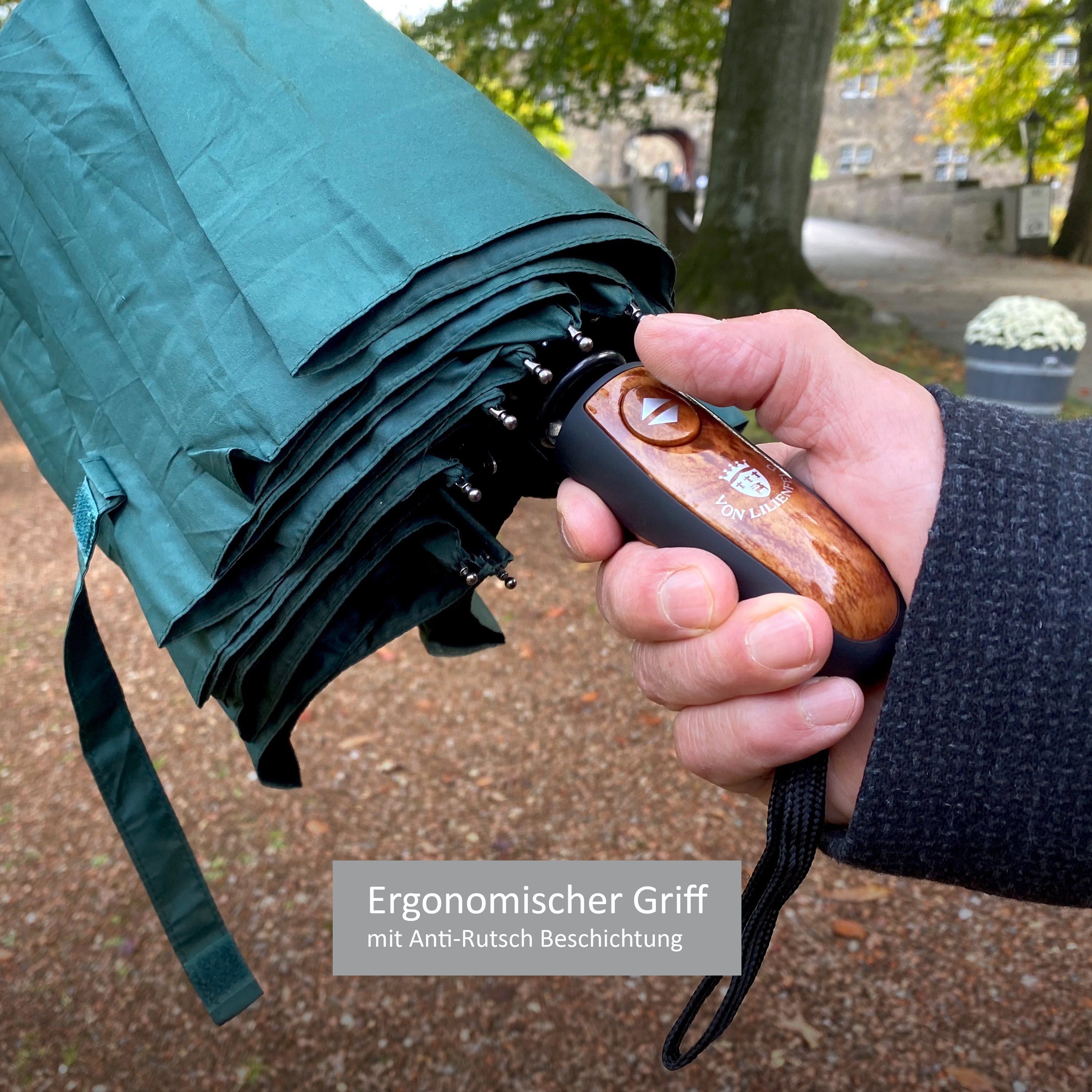 wasserabweisend, Taschenregenschirm extrem schnelltrocknend Auf-Zu-Automatik von grau Teflonbeschichtung, mit Schirm Reise-Etu Clark Lilienfeld