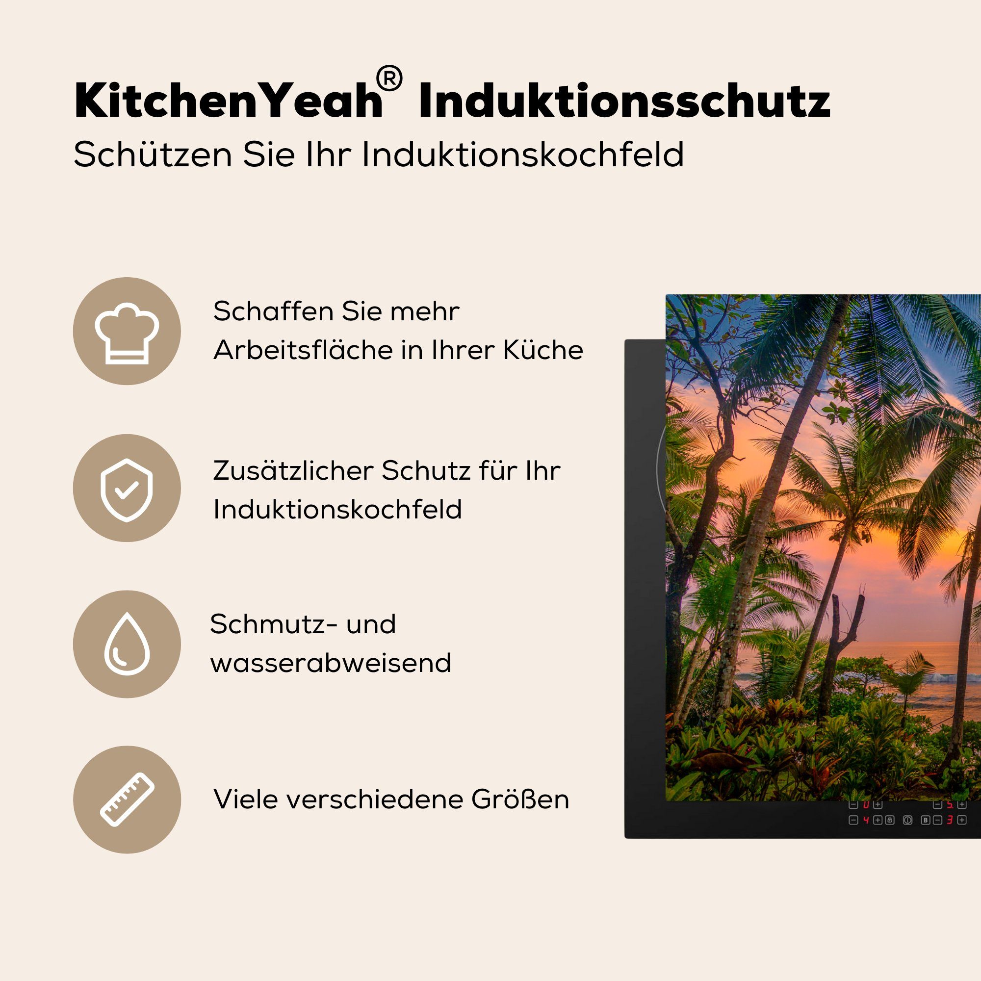 Vinyl, Tropisch MuchoWow küche, Herdblende-/Abdeckplatte Meer, - Ceranfeldabdeckung - Palme Schutz Induktionskochfeld (1 81x52 tlg), cm, die für