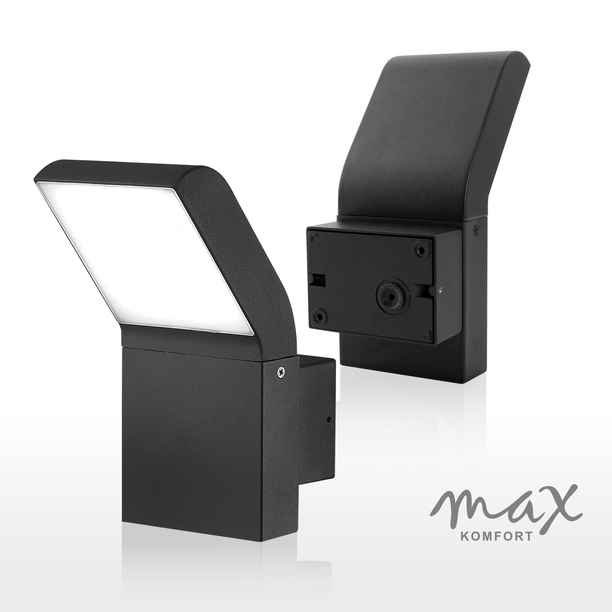 Maxkomfort LED Außen-Wandleuchte mit/ohne Bewegungsmelder, 10W Warmweiß 3000K, IP54 Wetterfest, ohne Bewegungsmelder, LED fest integriert, Warmweiß, 3000K, Wandleuchte für Fassade, Terrasse & Hauseingang, Aluminium