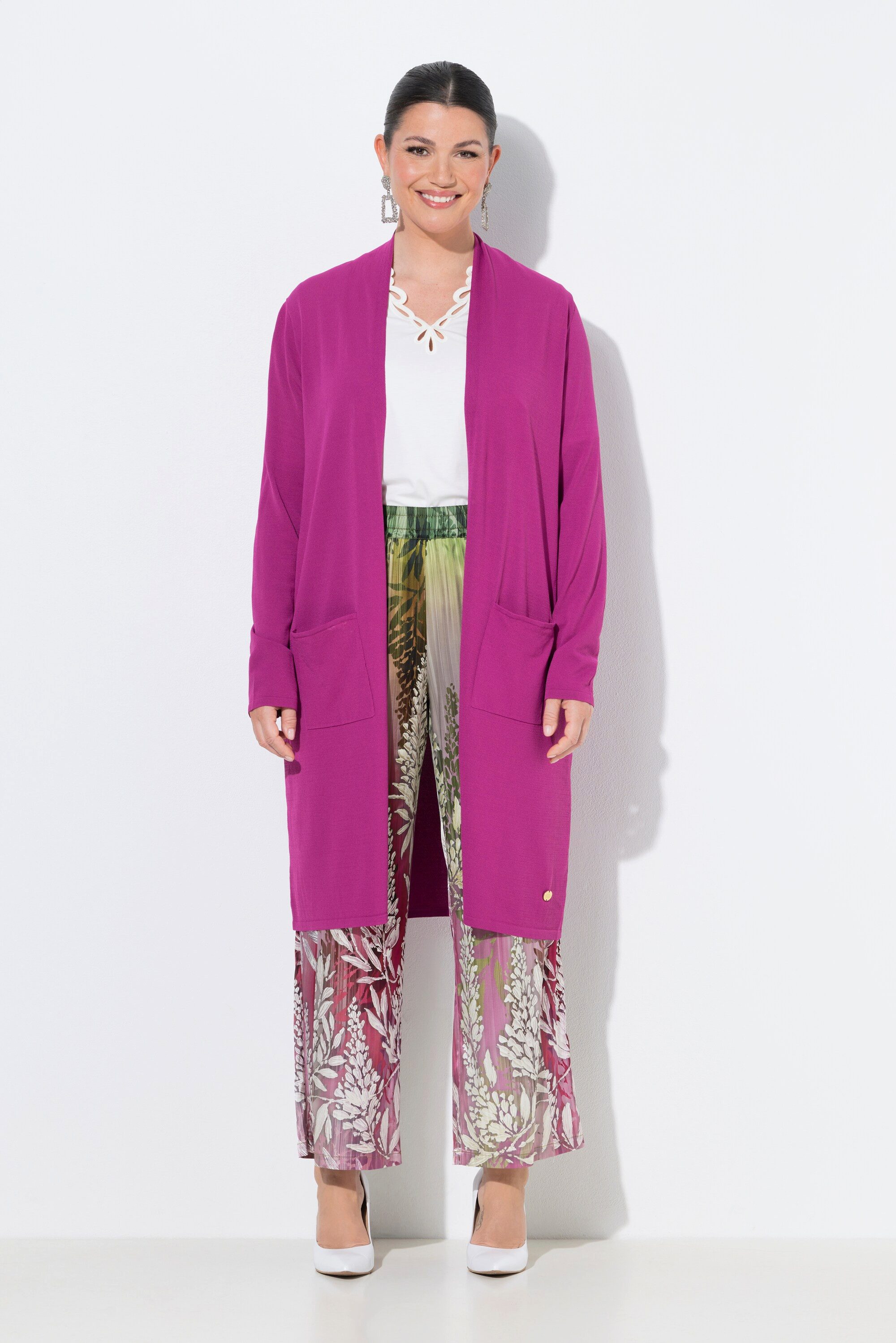 Langjacke Long-Strickjacke Stehkragen offene Form Langarm