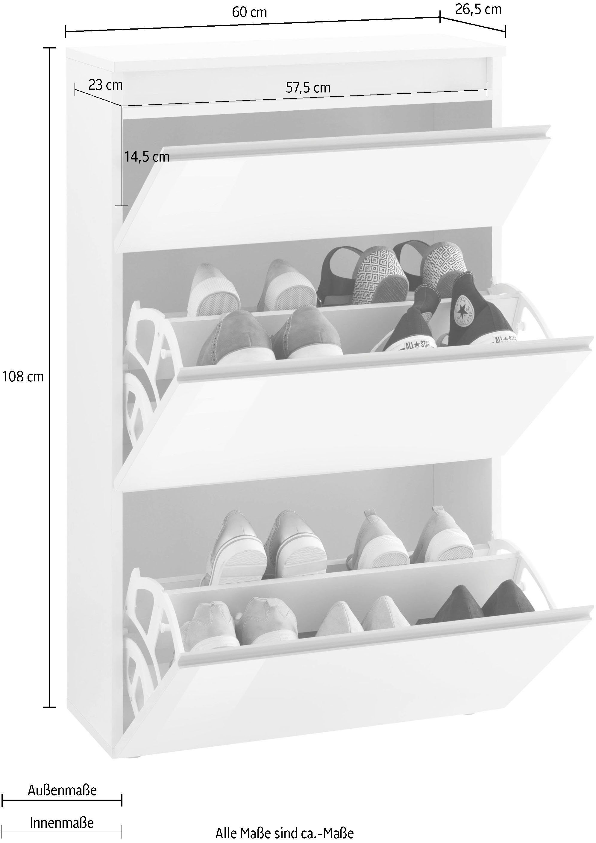 Home affaire Schuhschrank Magic Schuhschrank, Schuhkommode, Schuhregal, Schuhkipper, softgriff 3 Klappen, Doppelschuhtrommeln komplett Hochglanz lackiert Breite 60cm