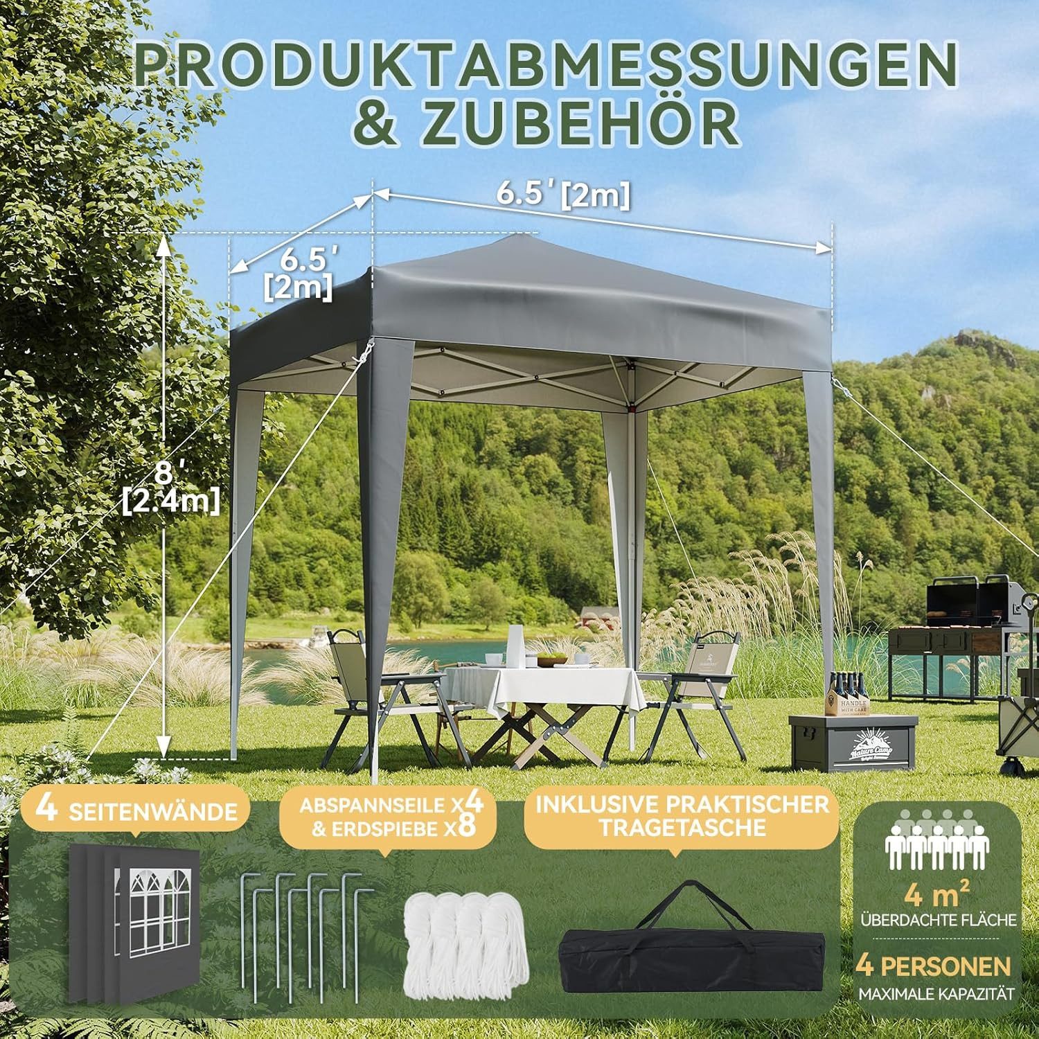 AOXUN Pavillon 2x2m Wasserdicht mit 4 Seitenwänden,Grau, für individuell anpassbare Belüftung, in drei Höhen verstellbar – Bild 2 von 5