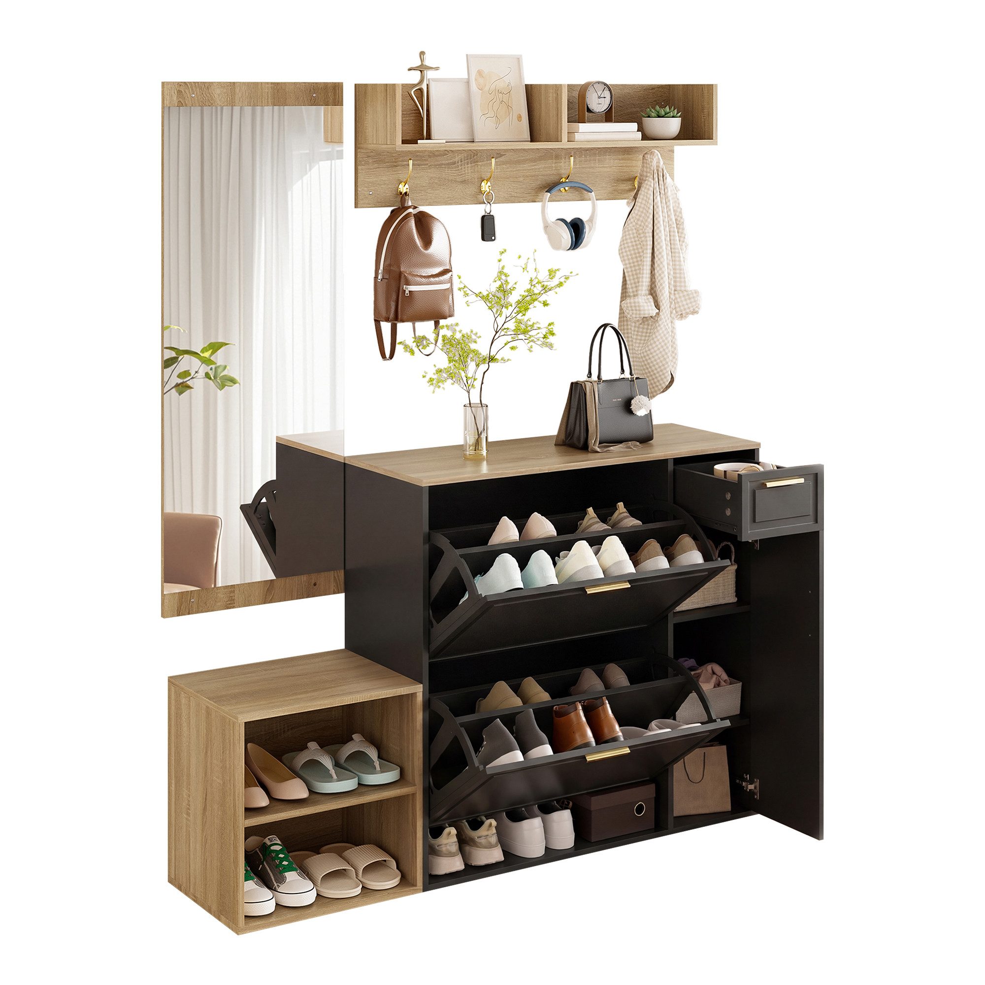 wohnTRAUM24 Garderoben-Set 4-teiliges Garderoben-Set Flurmöbel-Set für Diele und Eingangsbereich, Garderoben-Set mit Schuhschrank, Sitzbank, Wandgarderobe & Spiegel